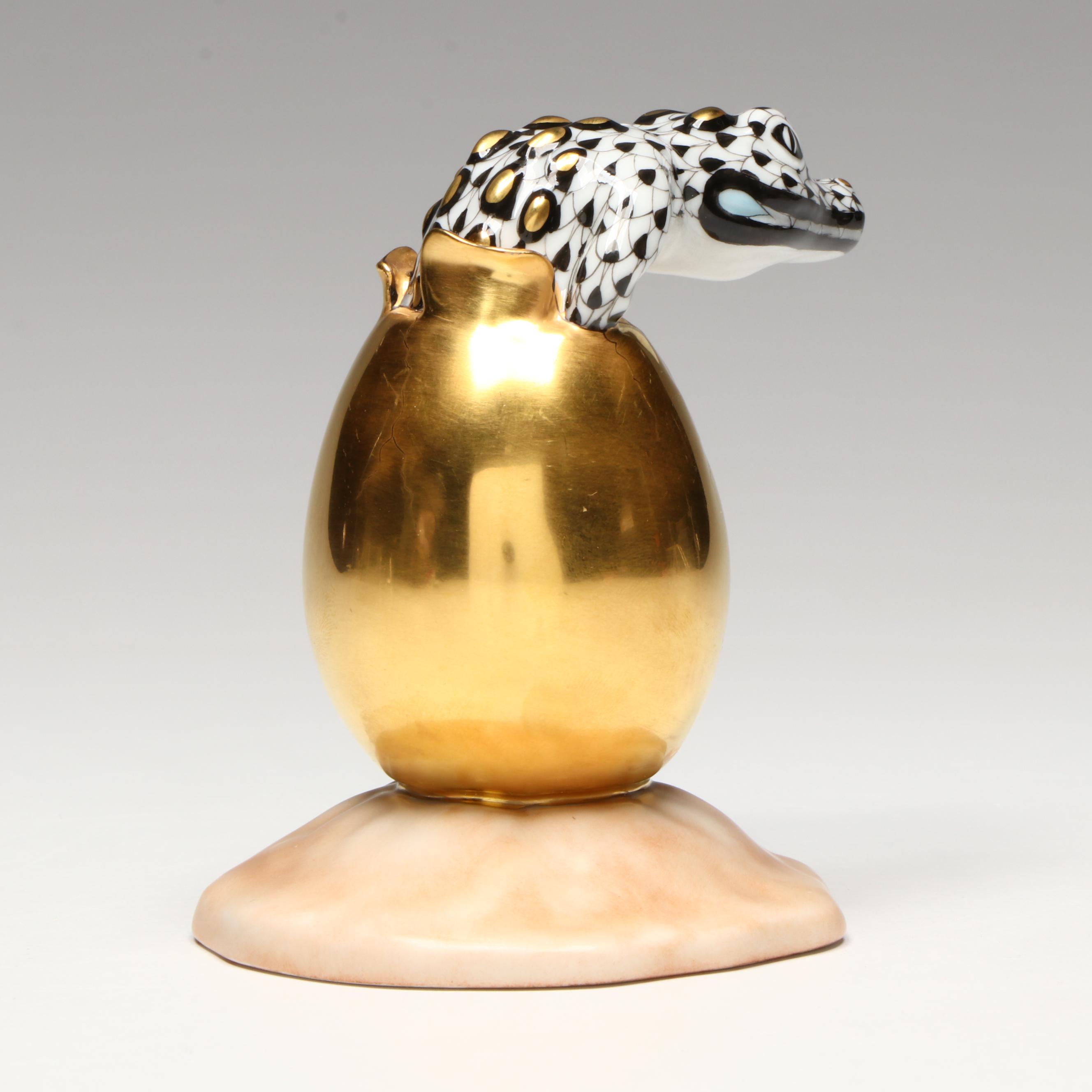 Herend Black Fishnet with Gold "Hatching Crocodile Baby" Porcelain Figurine