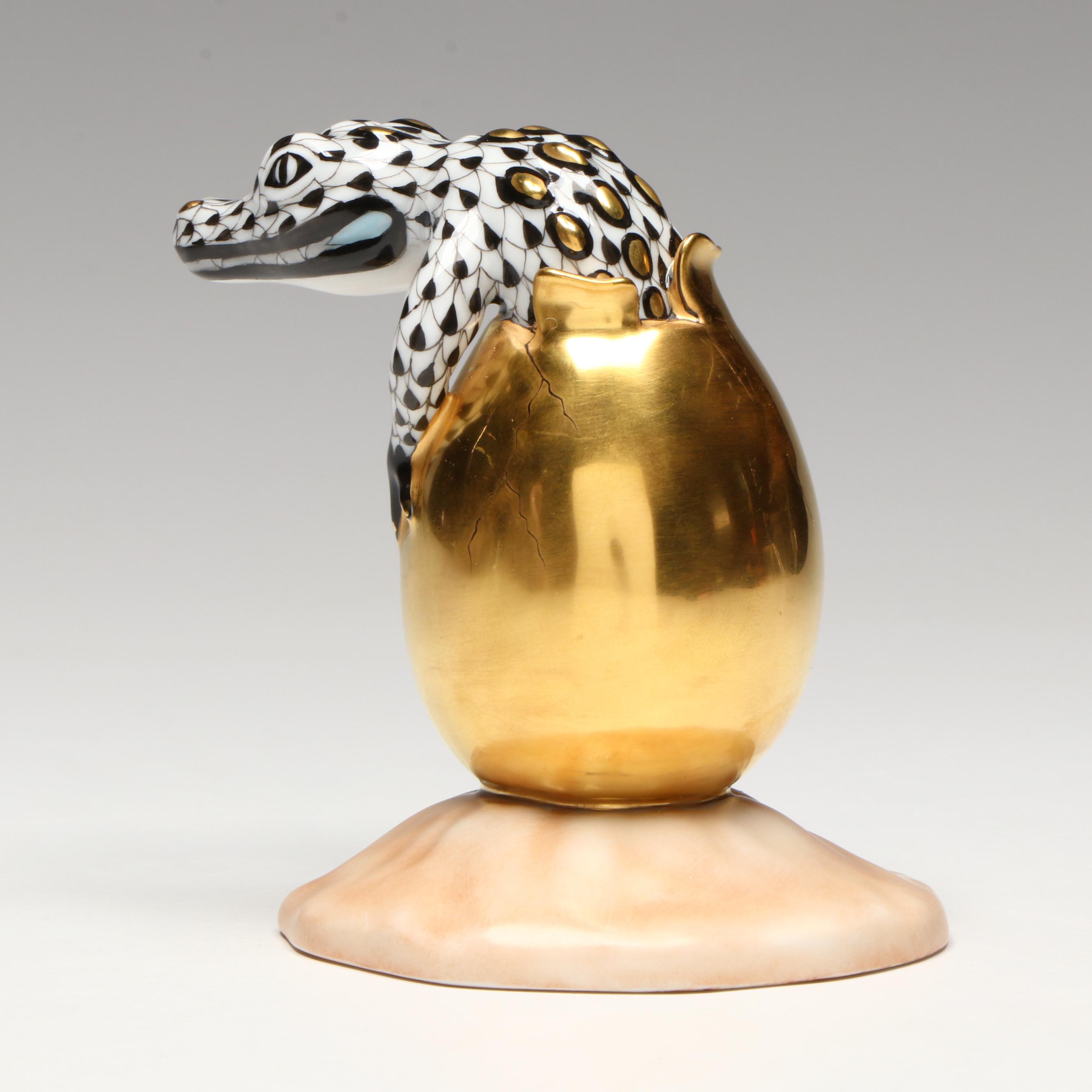 Herend Black Fishnet with Gold "Hatching Crocodile Baby" Porcelain Figurine