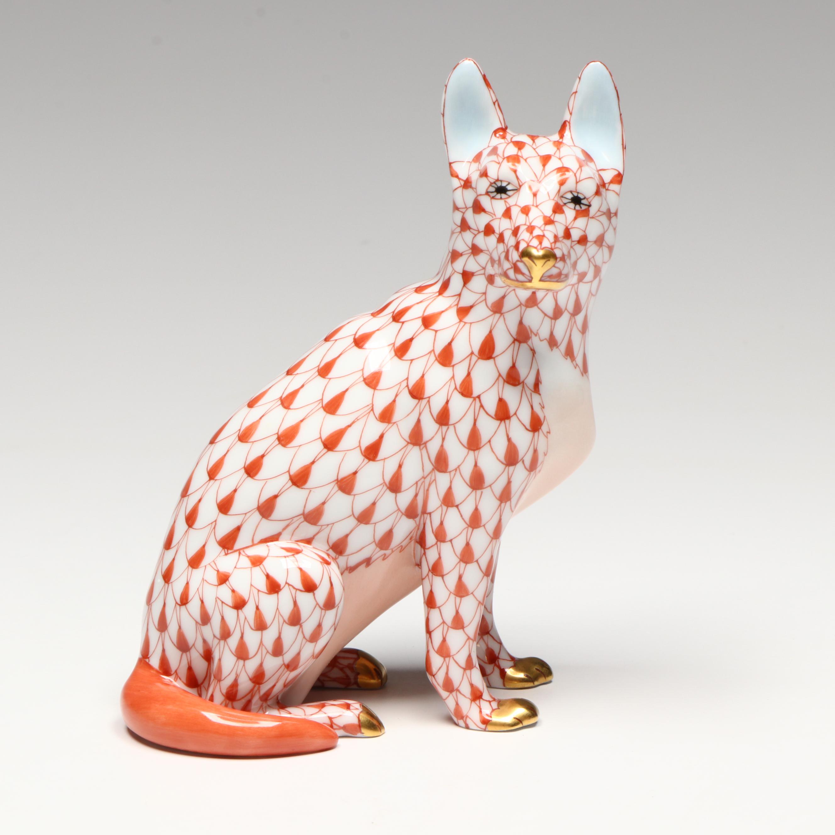 Herend Rust Fishnet with Gold "German Shepherd" Porcelain Figurine