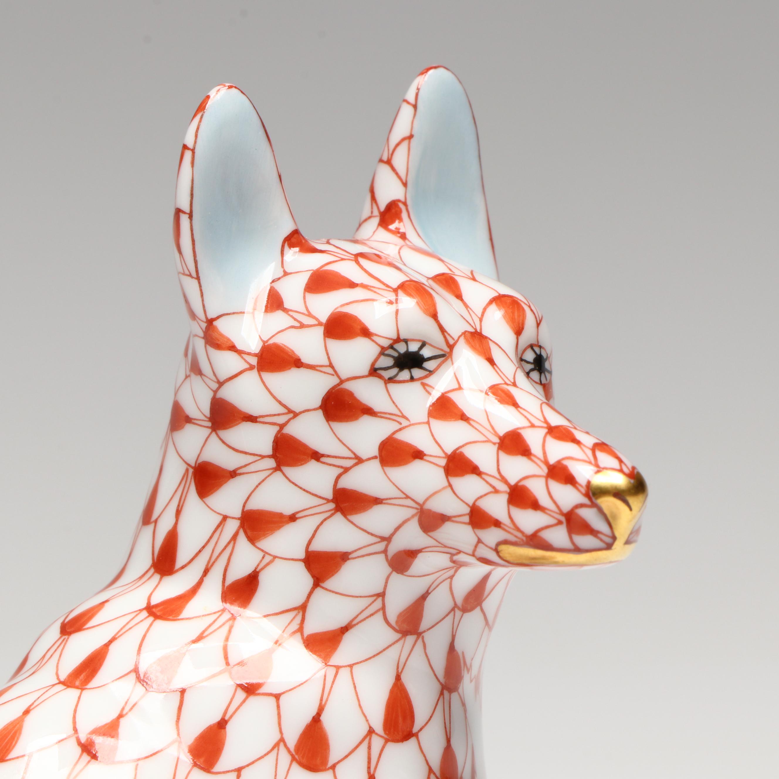 Herend Rust Fishnet with Gold "German Shepherd" Porcelain Figurine