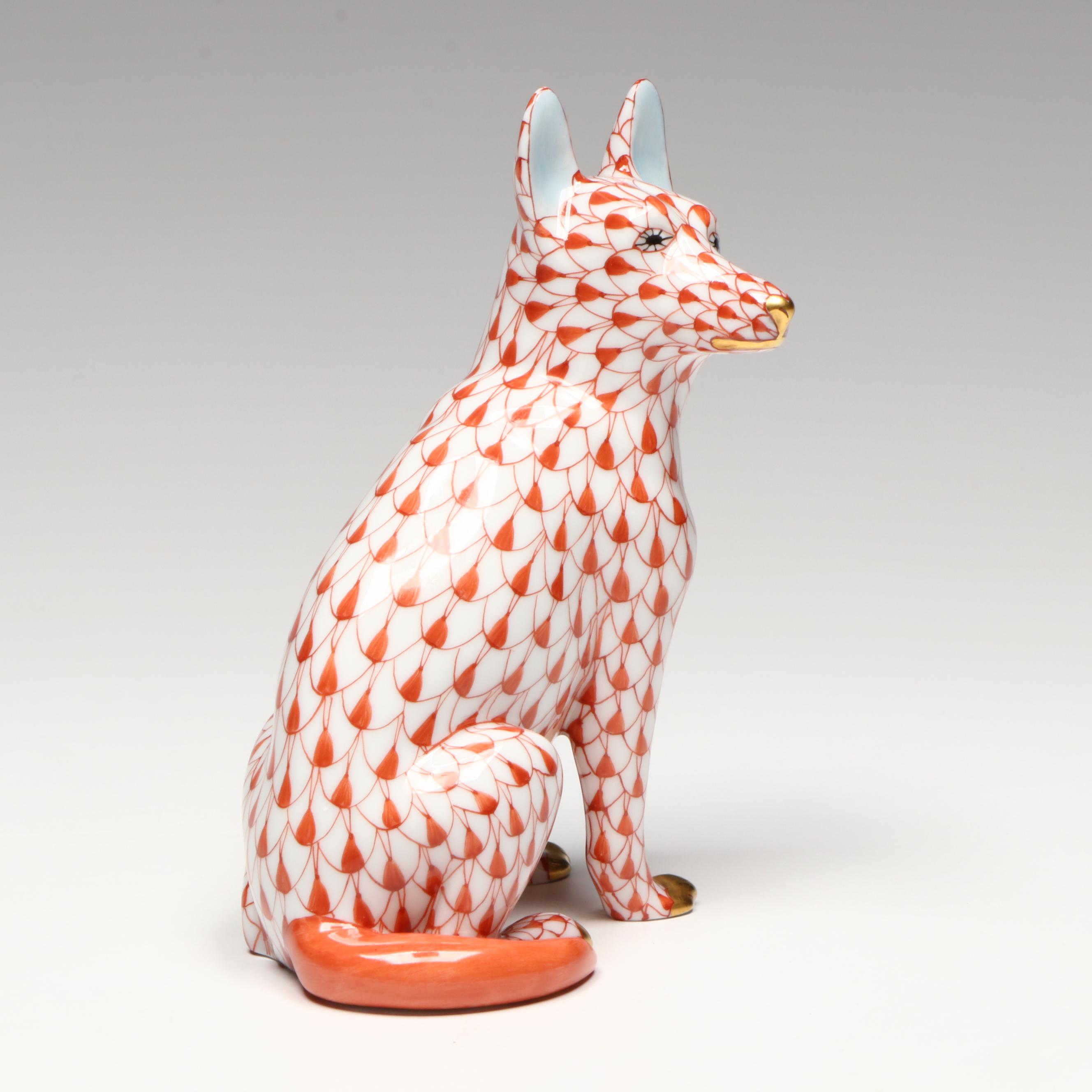 Herend Rust Fishnet with Gold "German Shepherd" Porcelain Figurine