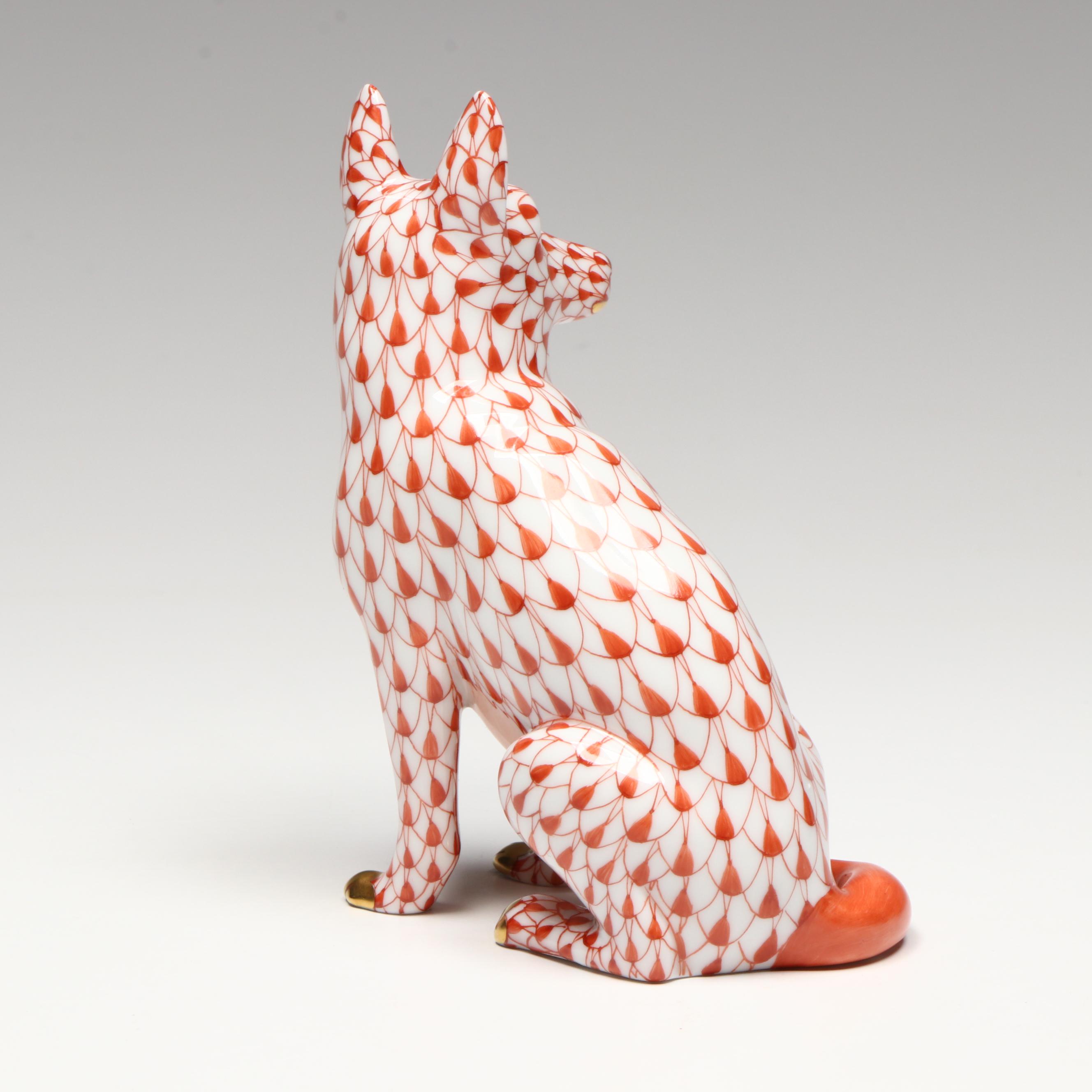 Herend Rust Fishnet with Gold "German Shepherd" Porcelain Figurine