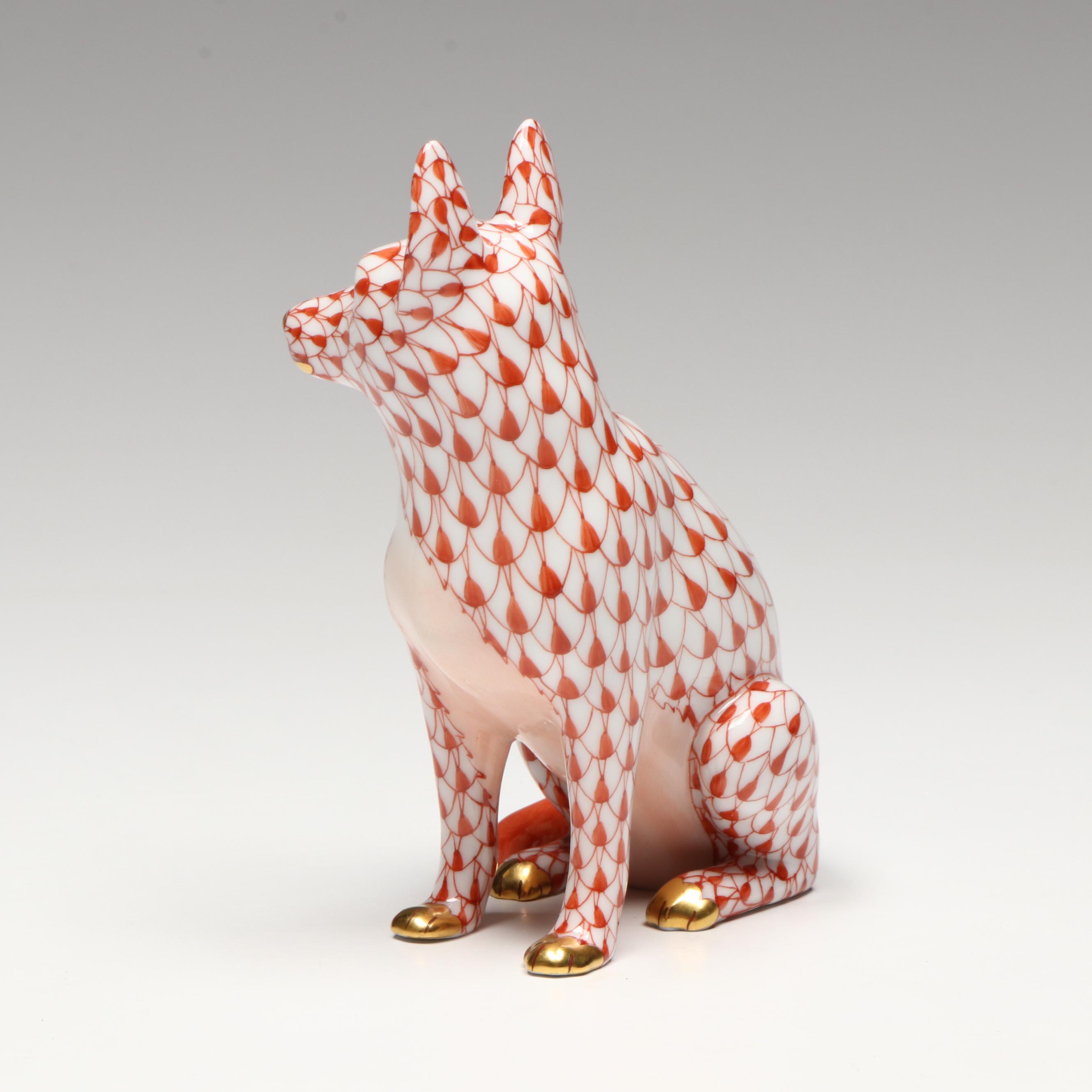 Herend Rust Fishnet with Gold "German Shepherd" Porcelain Figurine