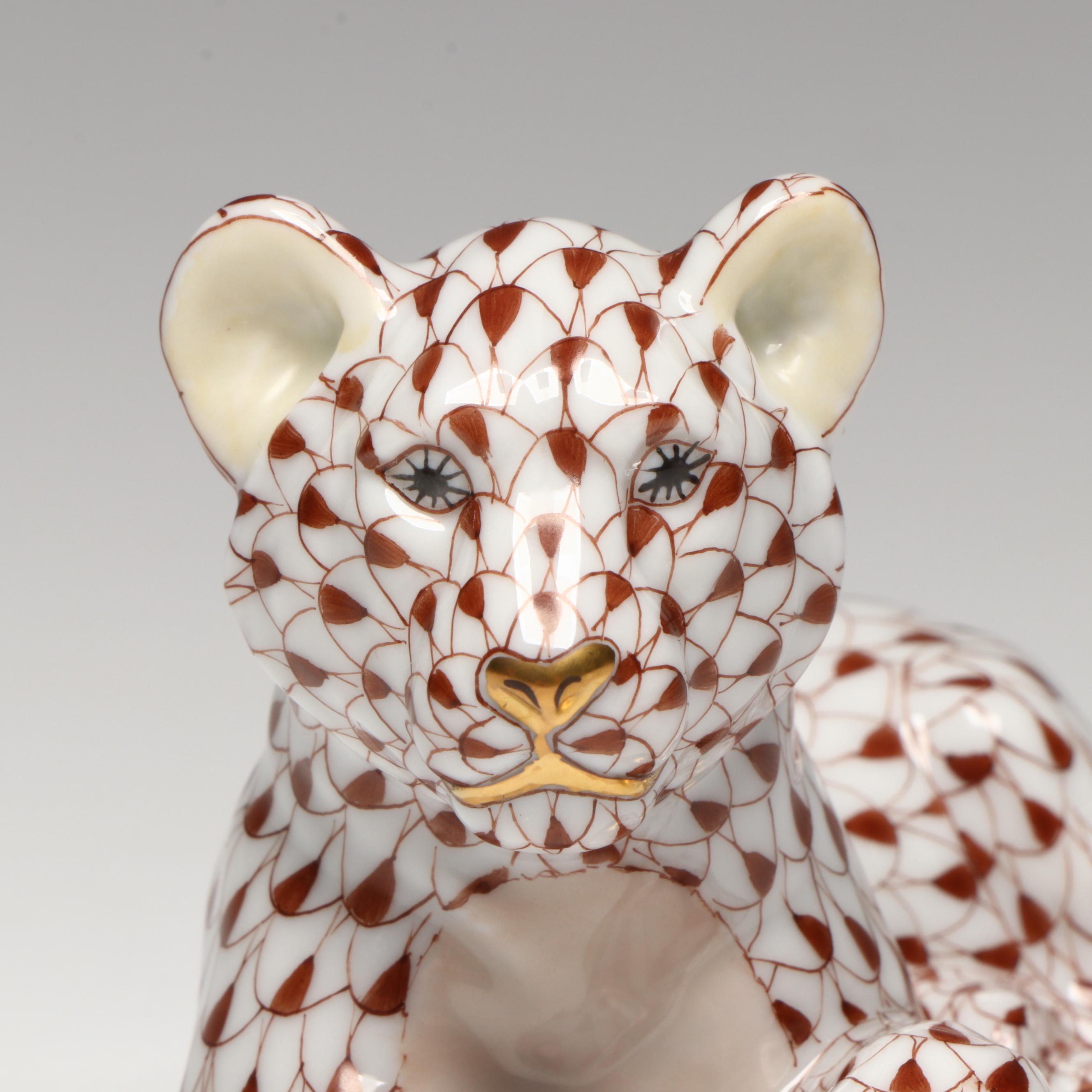 Herend Chocolate Fishnet with Gold "Young Lion" Porcelain Figurine