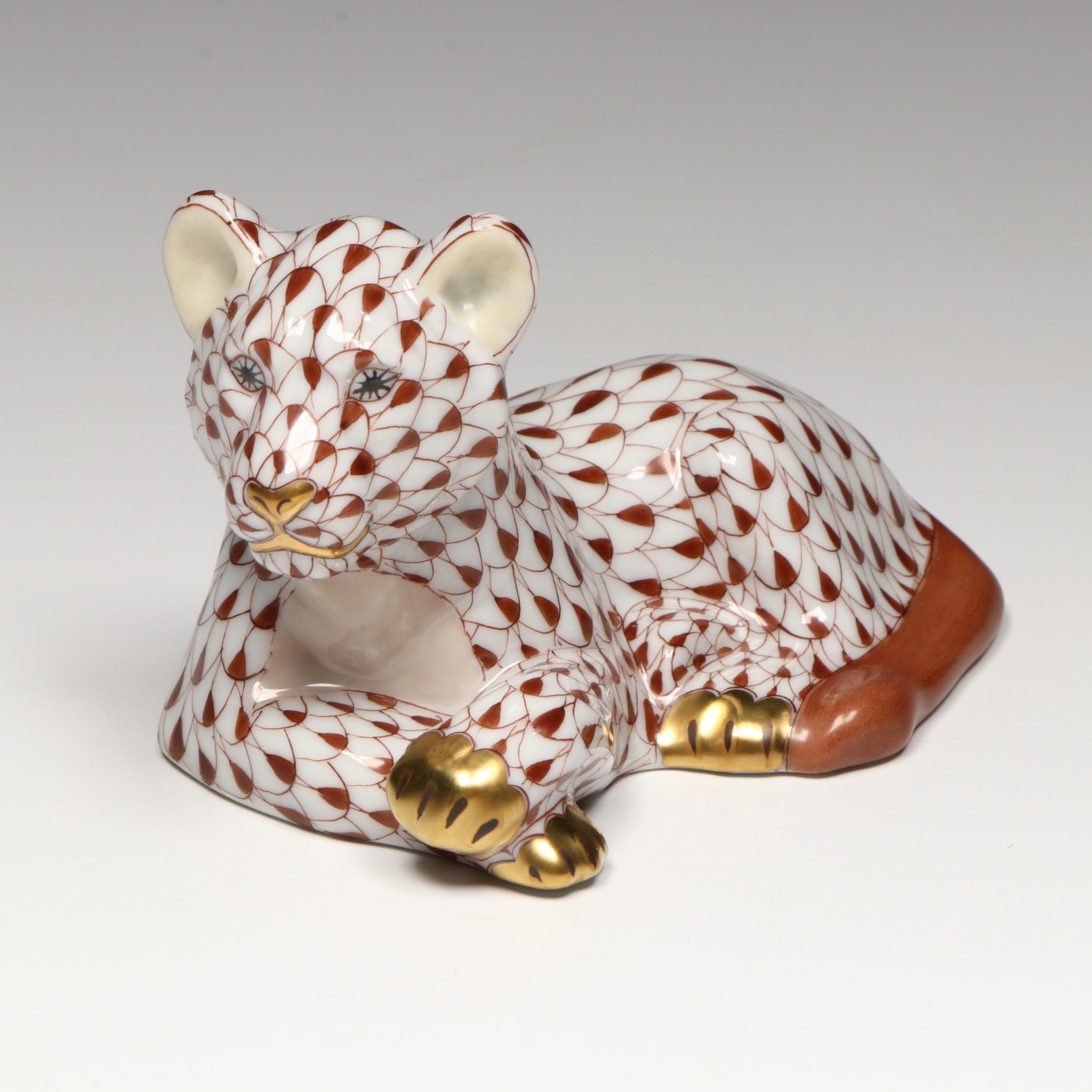 Herend Chocolate Fishnet with Gold "Young Lion" Porcelain Figurine