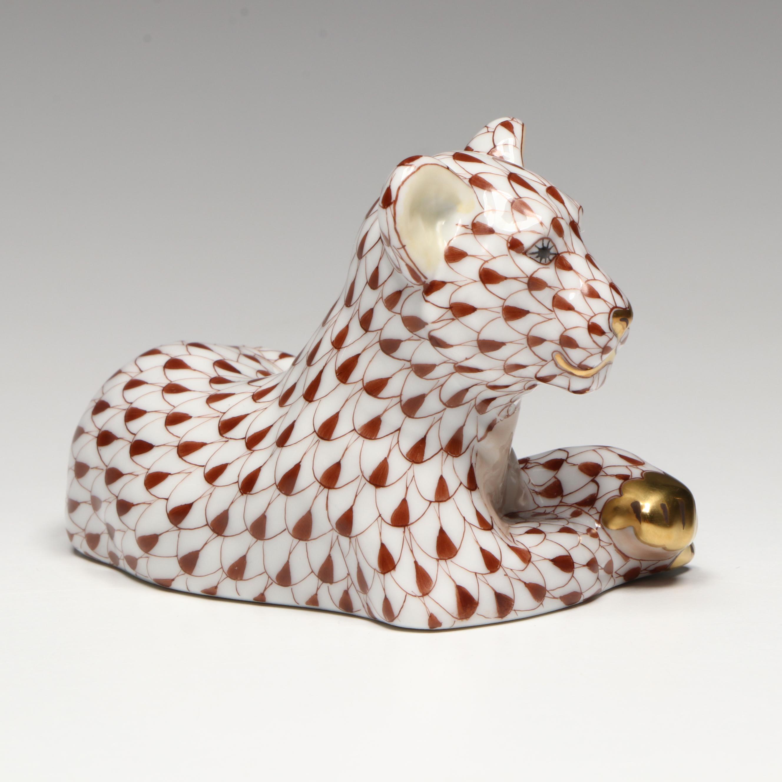 Herend Chocolate Fishnet with Gold "Young Lion" Porcelain Figurine