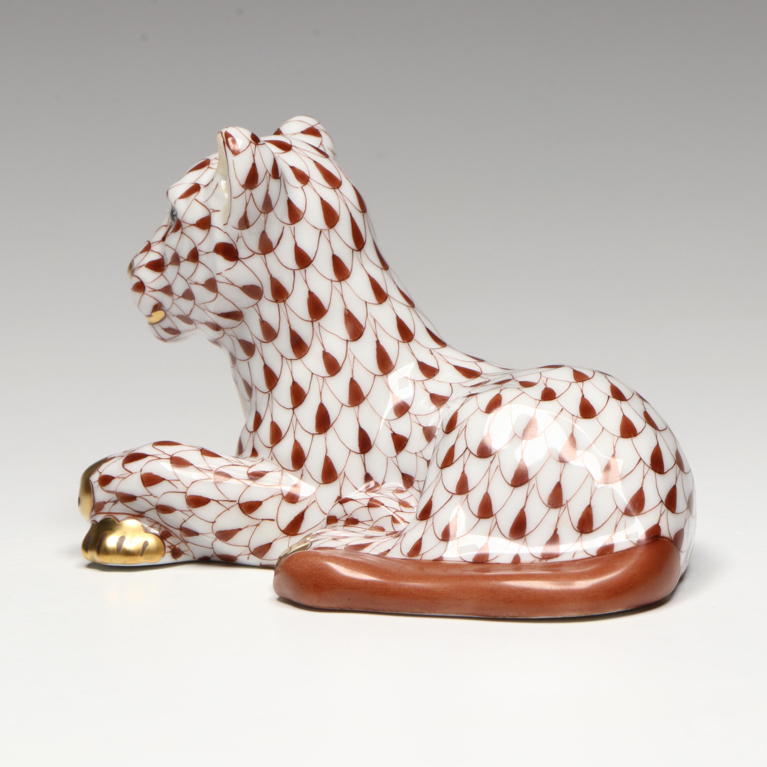 Herend Chocolate Fishnet with Gold "Young Lion" Porcelain Figurine