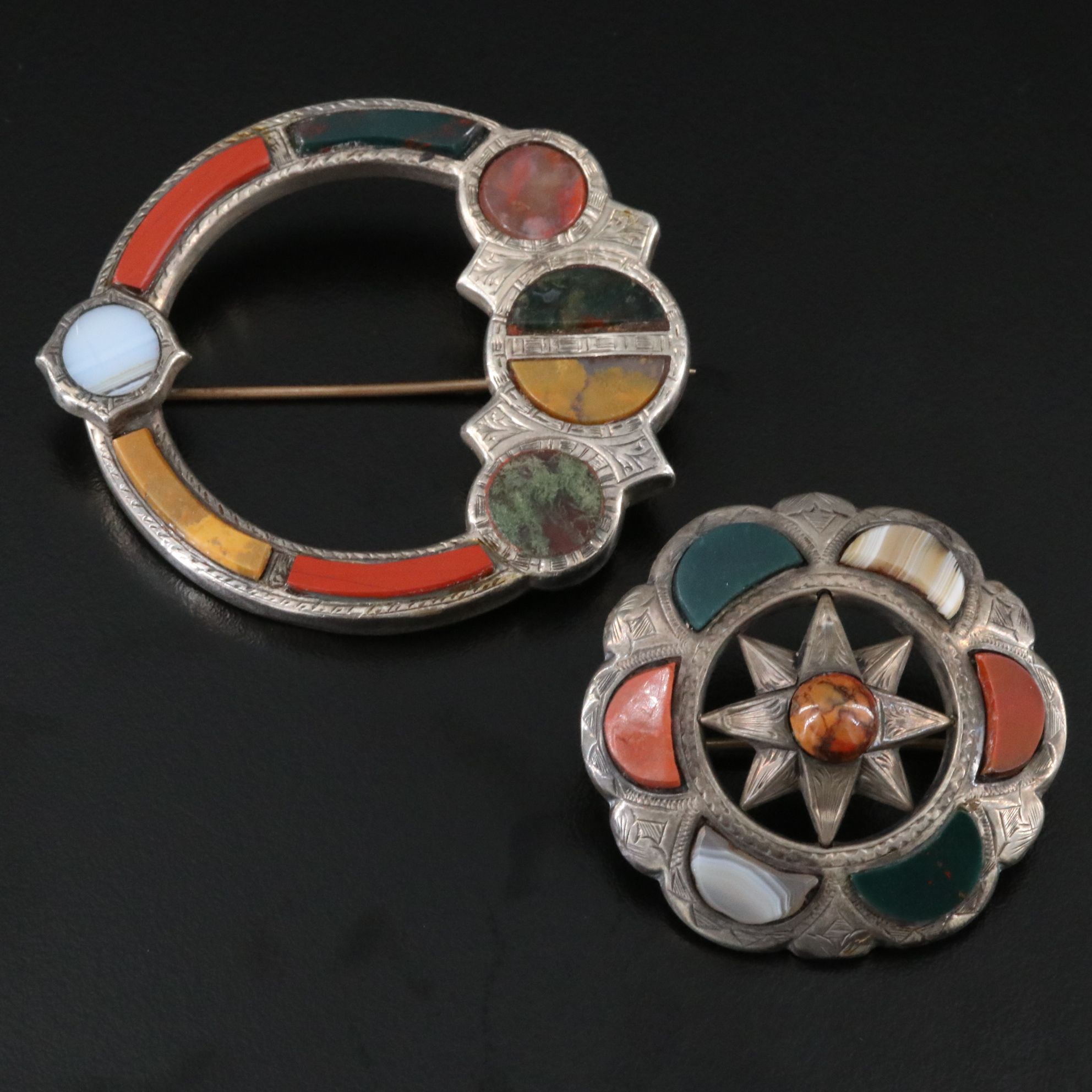 Antique Scottish 800 Silver Gemstone Brooches