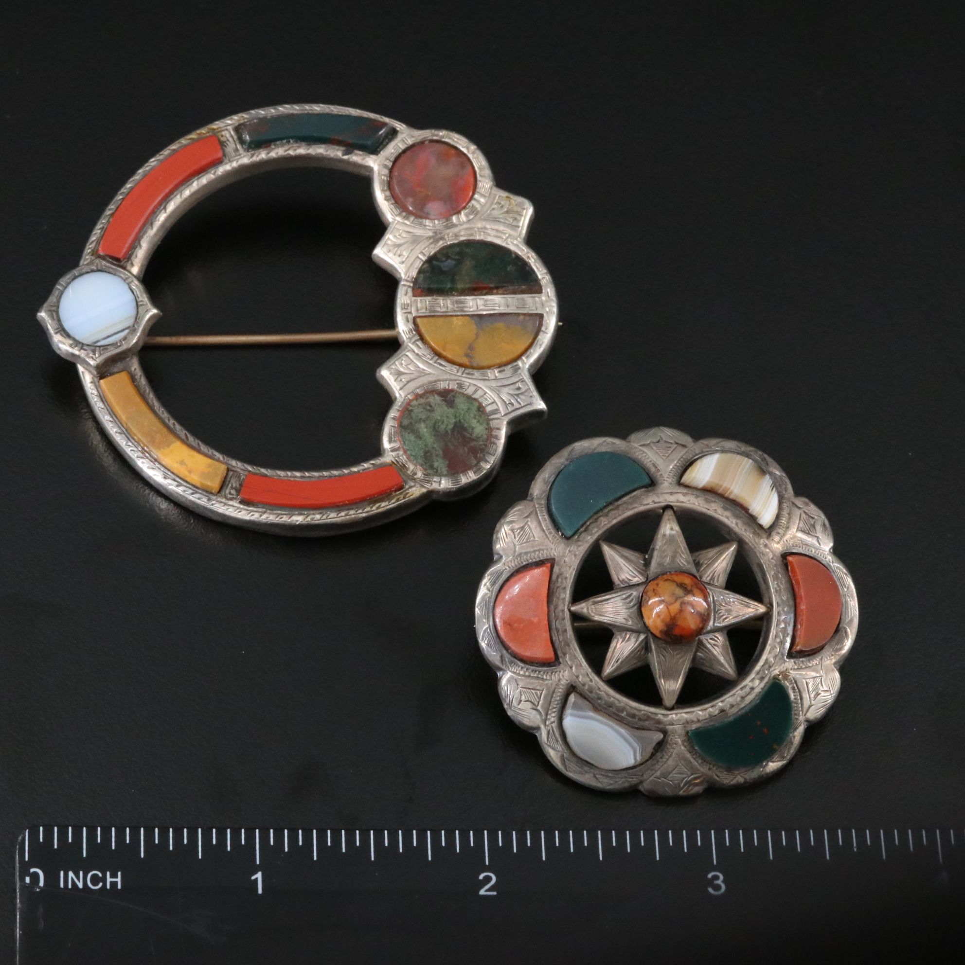 Antique Scottish 800 Silver Gemstone Brooches