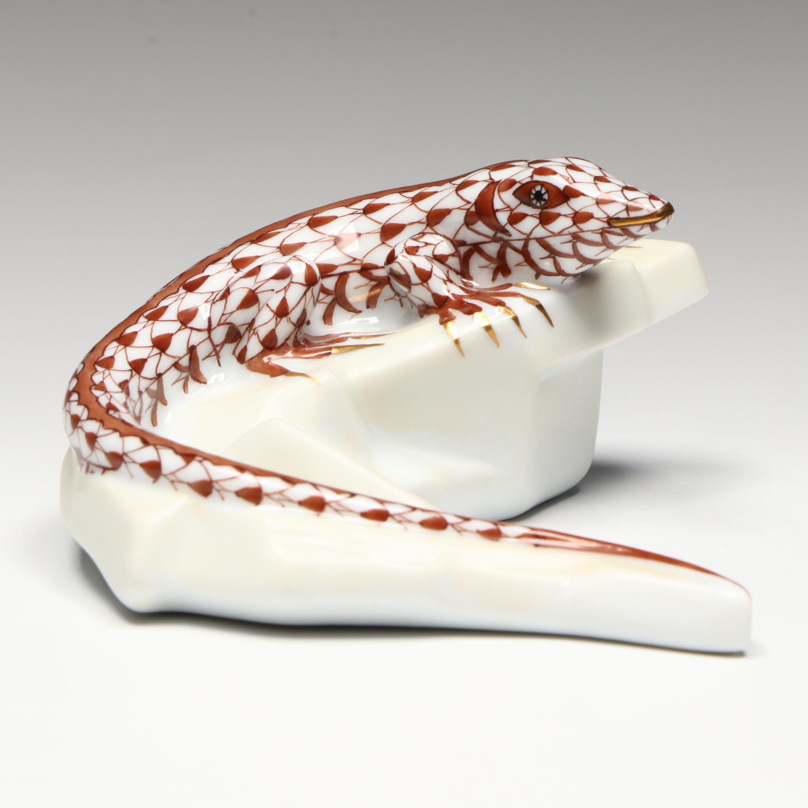 Herend Chocolate Fishnet with Gold "Lizard" Porcelain Figurine