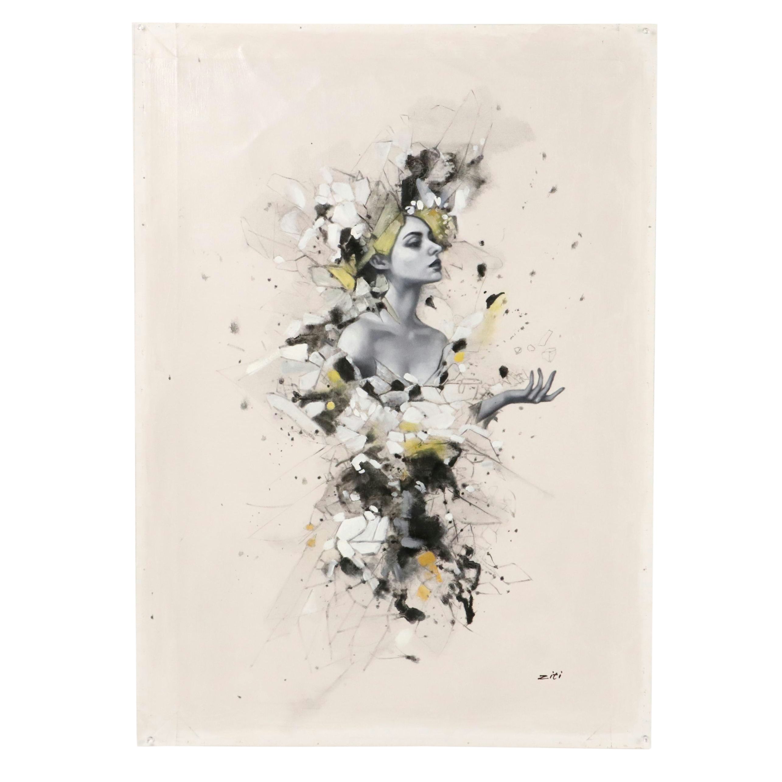 Ziti Stylized Figural Oil Painting, 21st Century