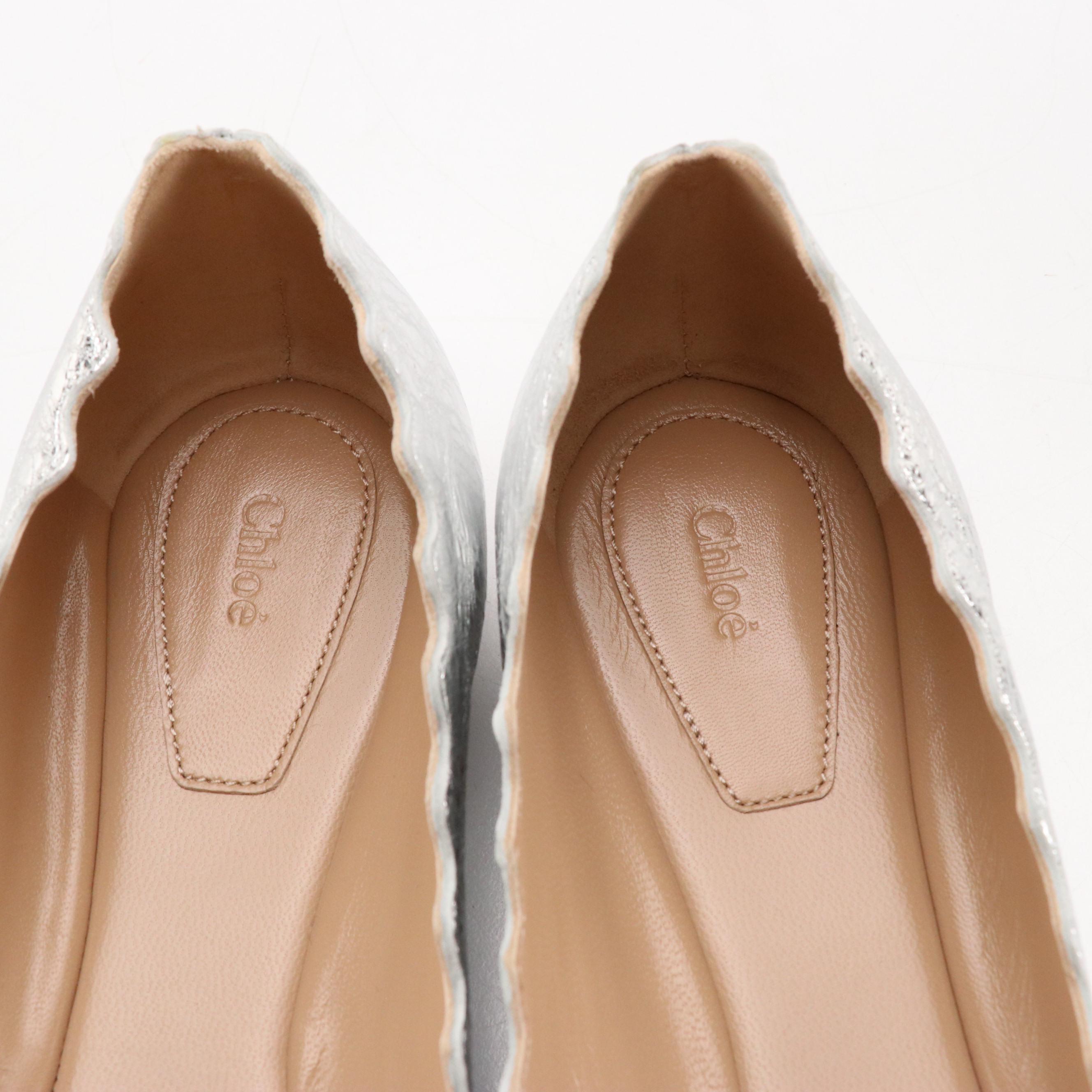 Chloé "Lauren" Ballerina Flats in Silver Metallic Leather, With Box