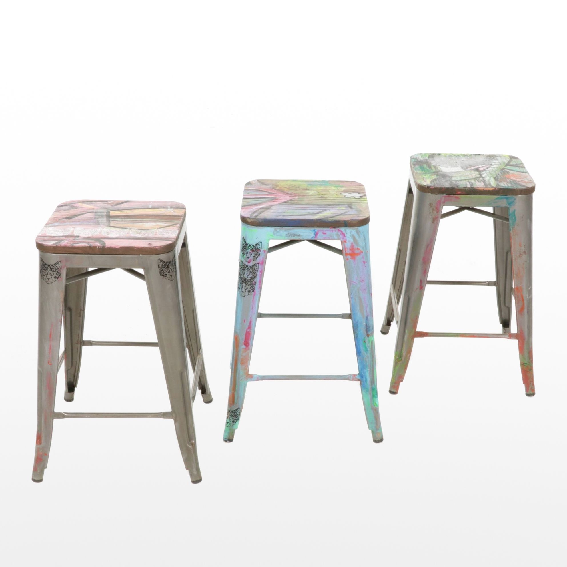 Three Metal Stools with Hand-Painted Wood Seats