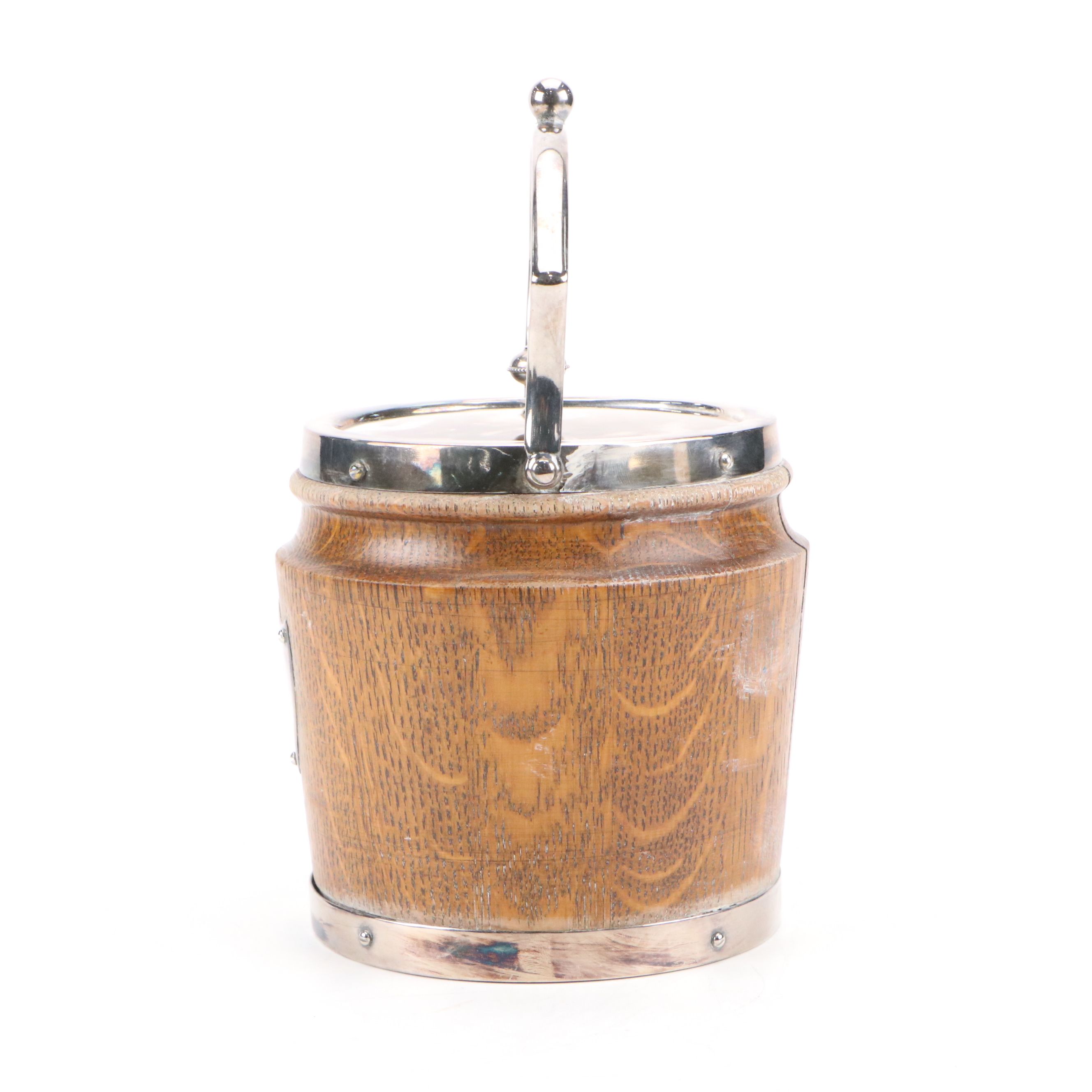 English Oak and Silver Plate Biscuit Barrel / Ice Bucket