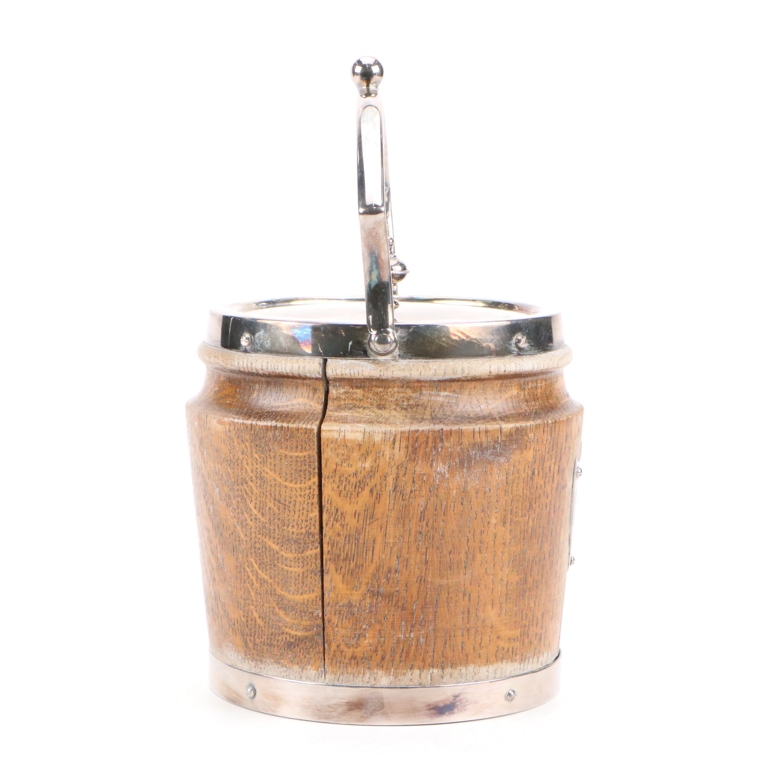 English Oak and Silver Plate Biscuit Barrel / Ice Bucket