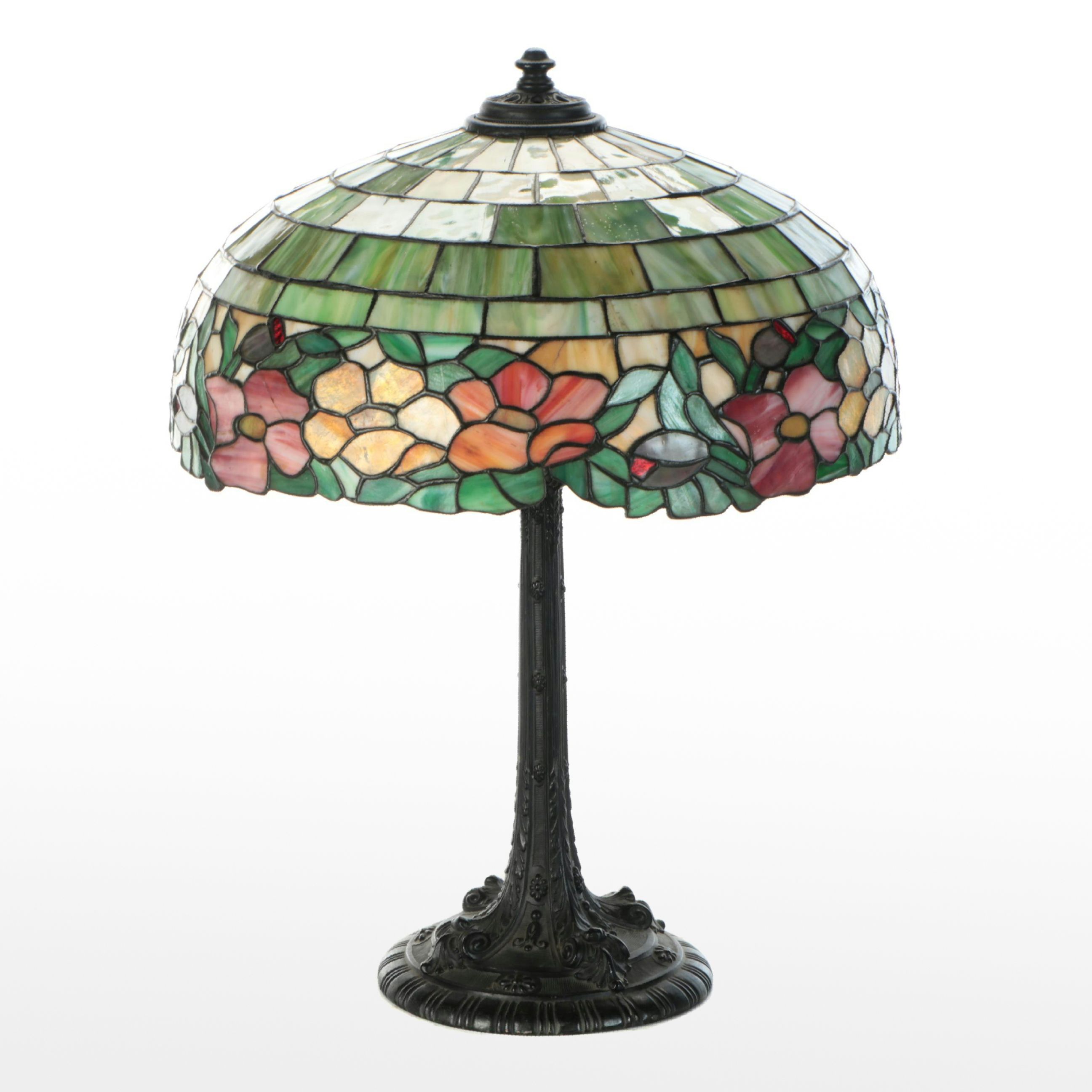 Art Nouveau Metal Table Lamp with Floral Stained Glass Shade