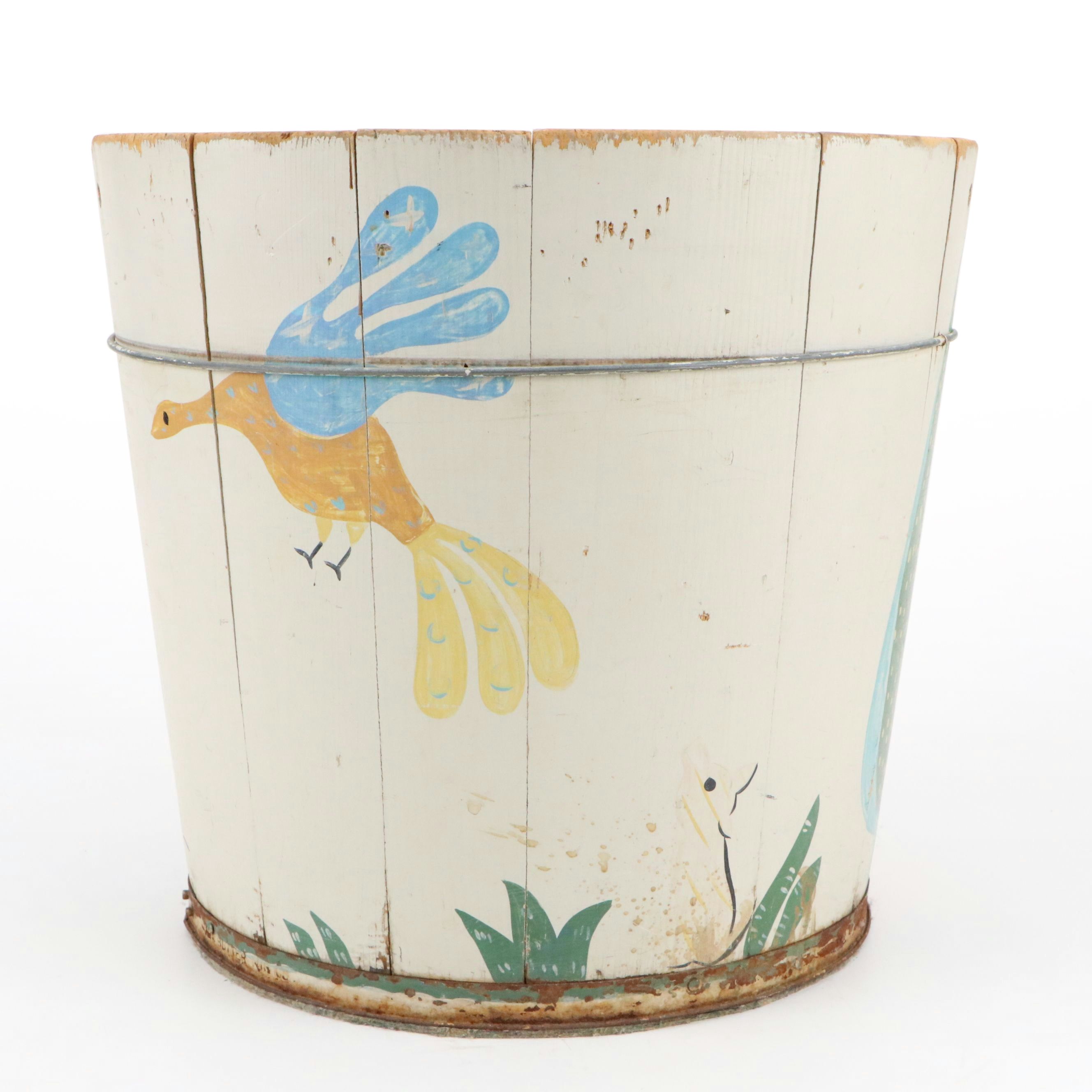 Helen Hume Folk Art Style Hand-Painted Wooden Bucket