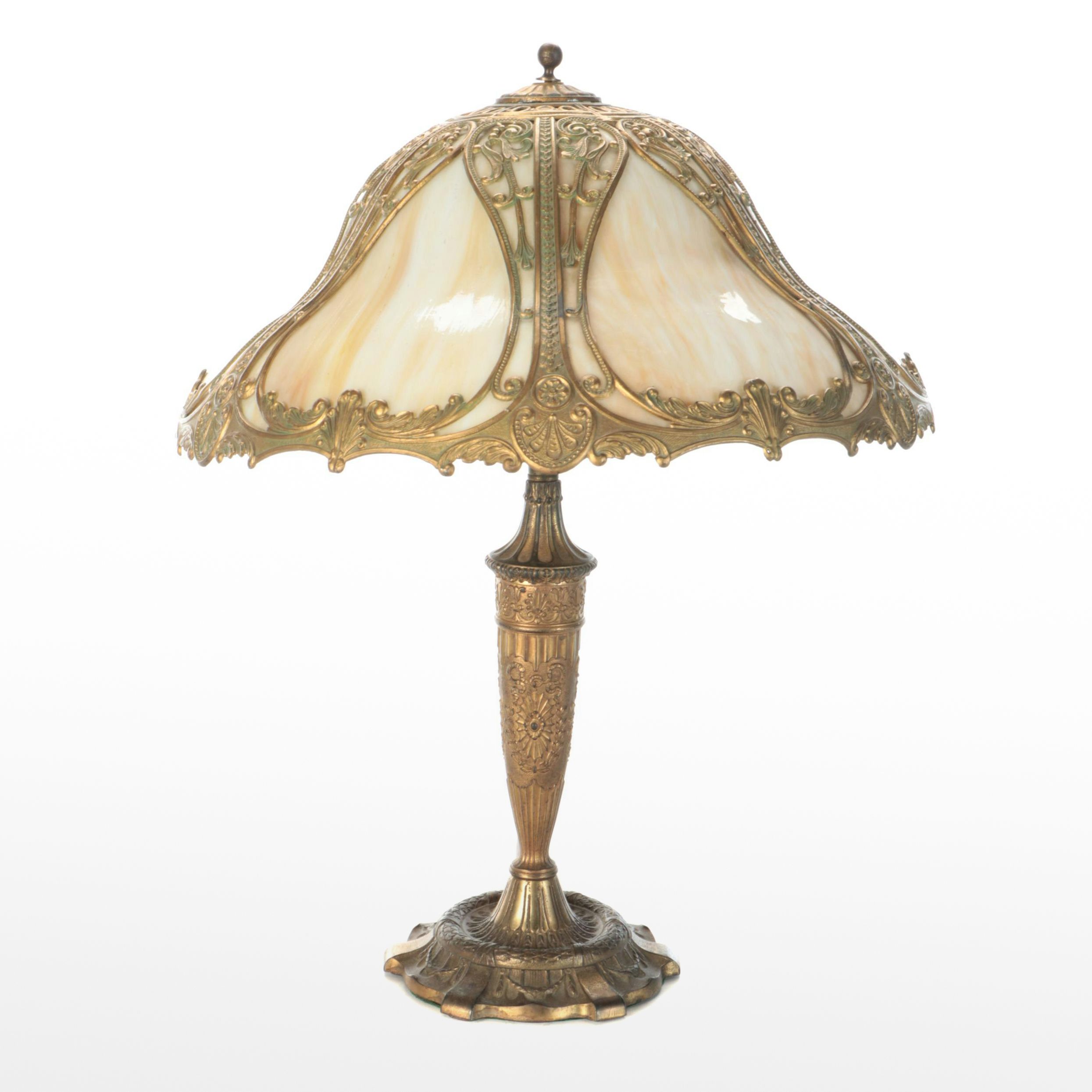 Art Nouveau Brass Finish Metal Table Lamp with Metal Cased Stained Glass Shade