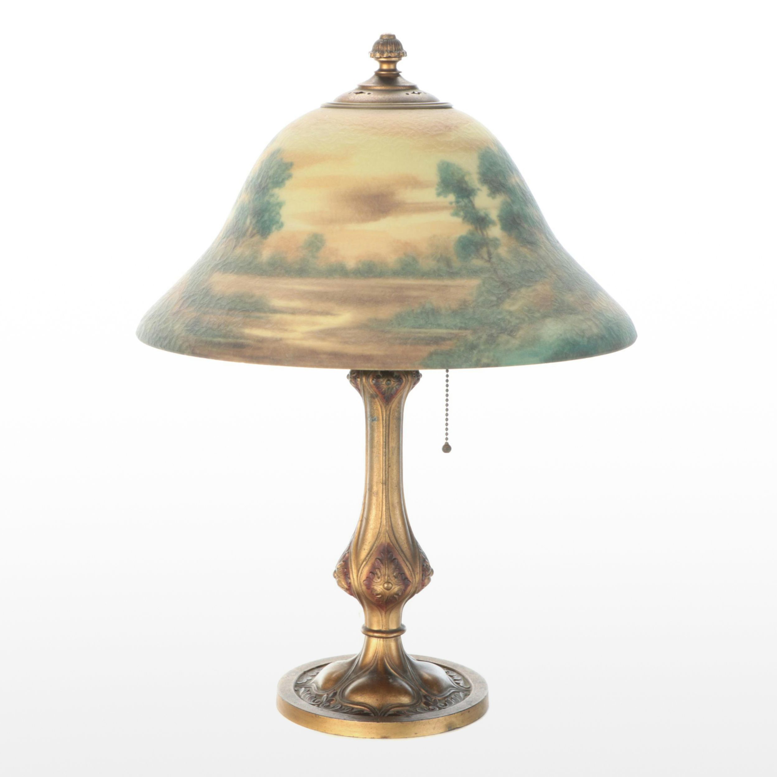 Art Nouveau Brass Finish Metal Table Lamp with Glass Shade
