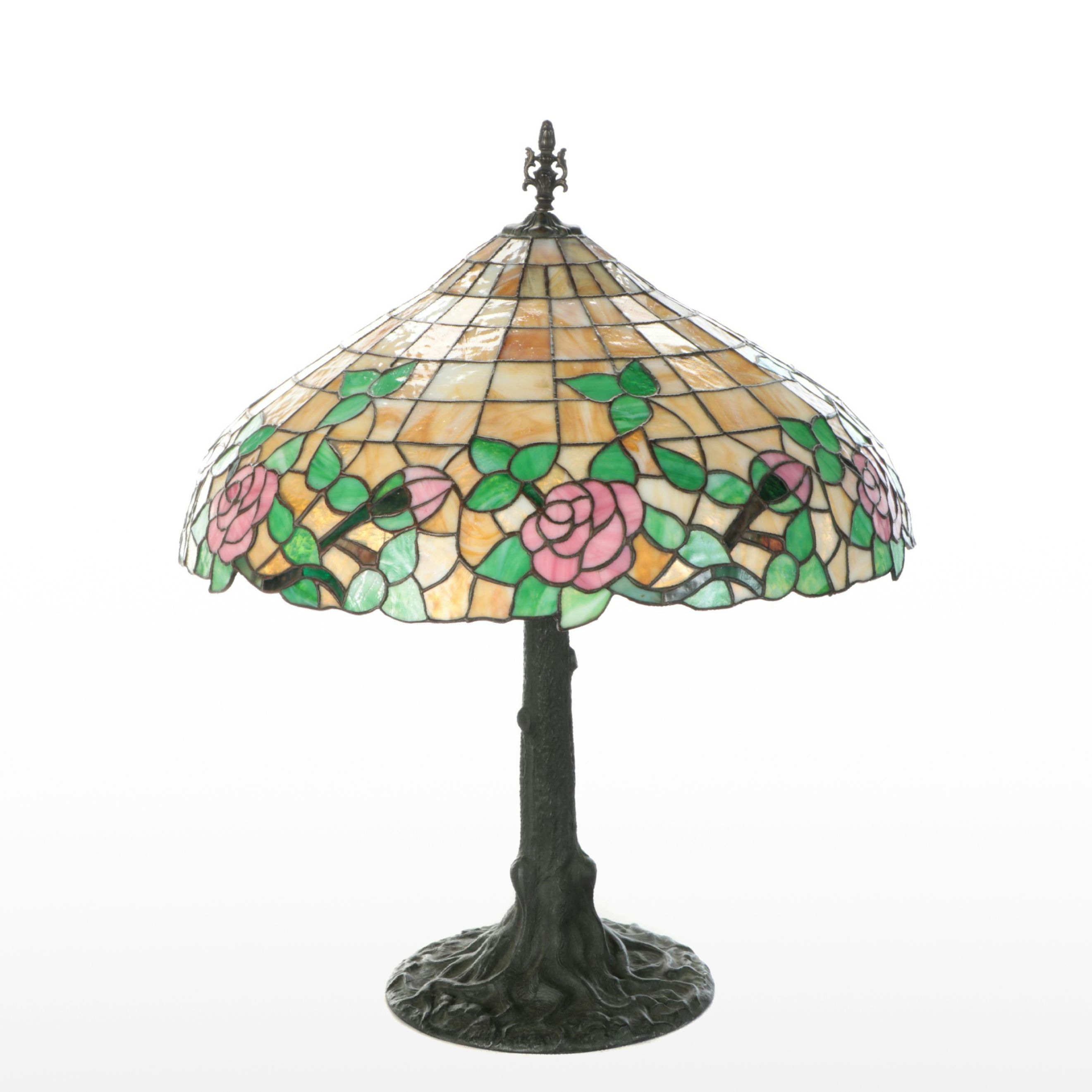Art Nouveau Tree Metal Table Lamp with Pink Rose Stained Glass Shade