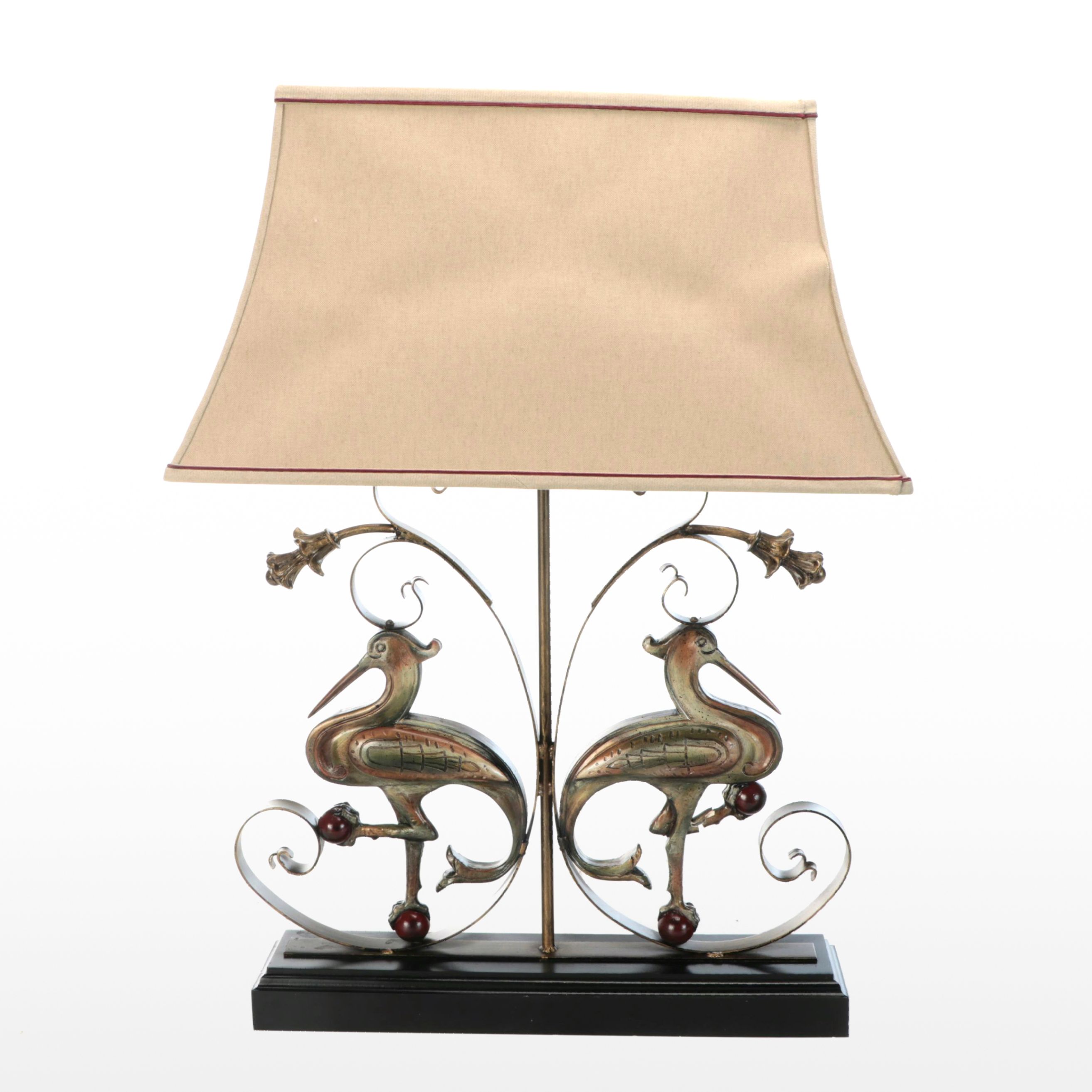 Metallic Finish Pair of Herons Figural Table Lamp with Custom Shade