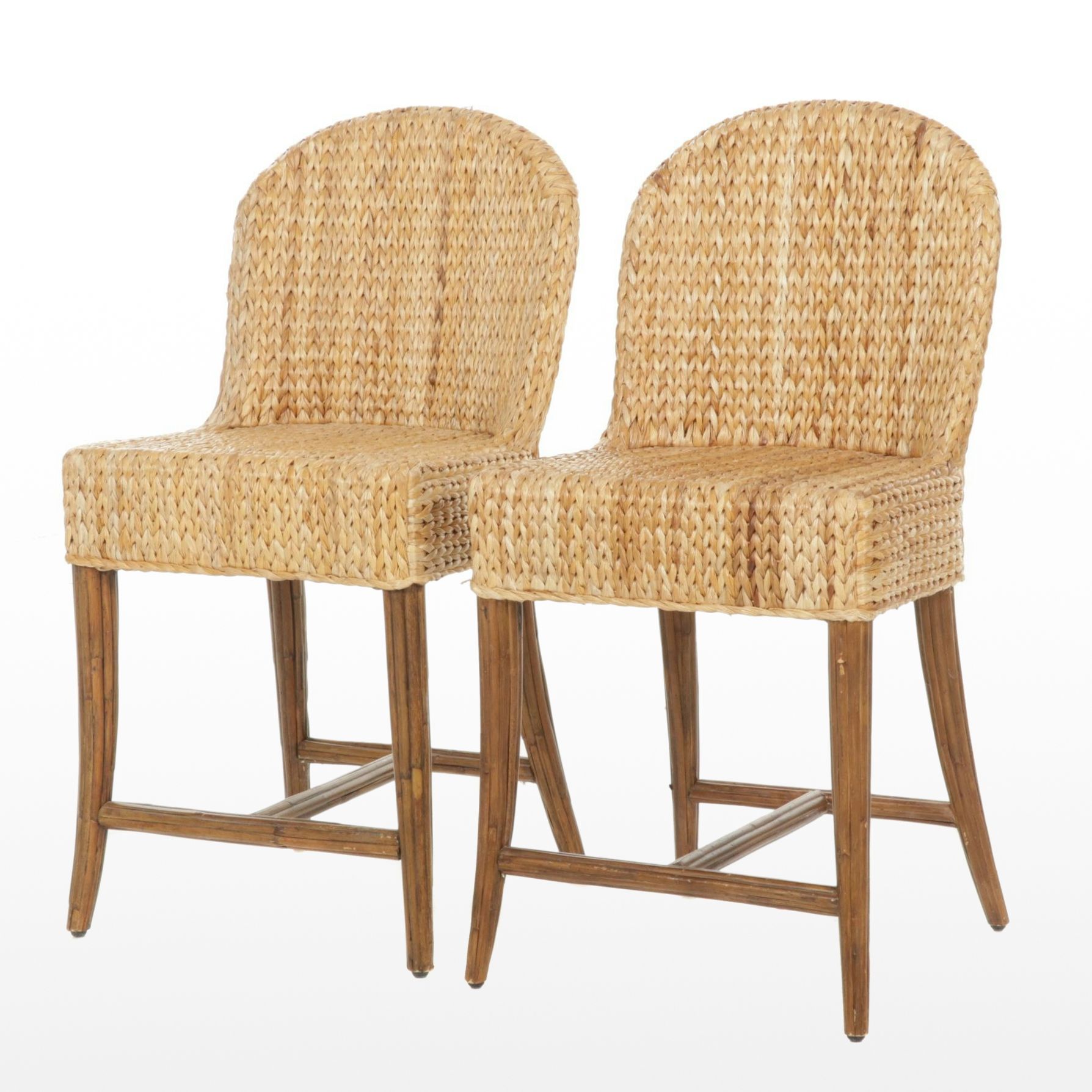 Woven Grass Upholstered Counter-Height Chairs with Bundled Rattan Frames, Pair