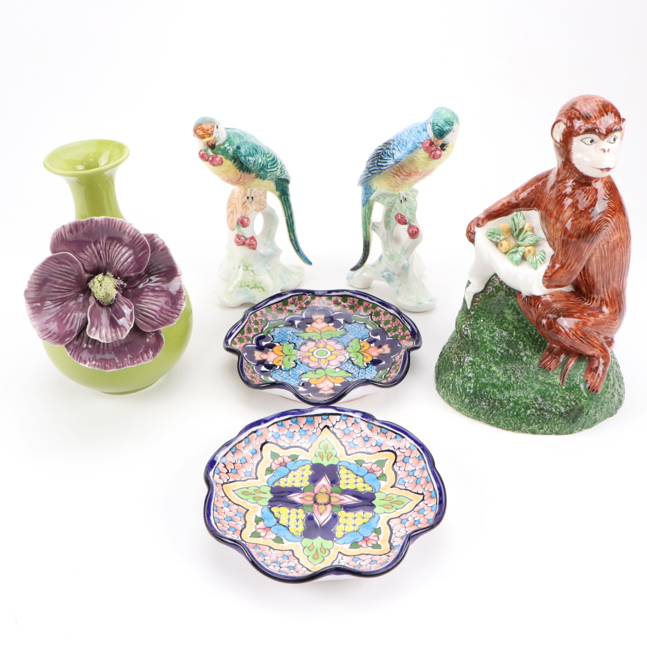 Anthropologie "Rose of Sharon" Vase with Parrot Figurines and More Ceramics