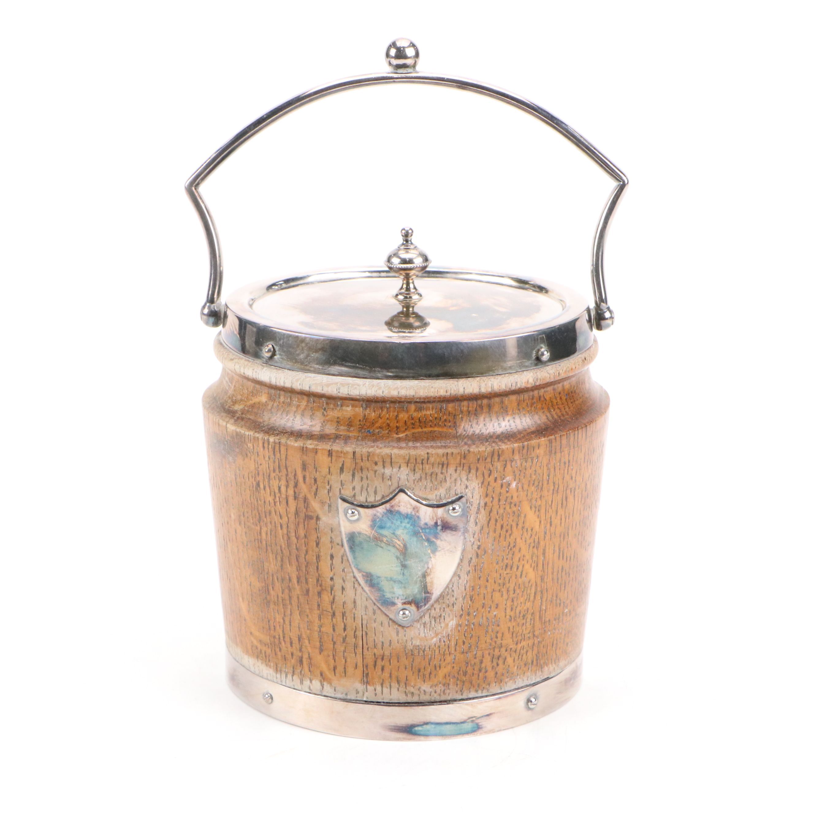 English Oak and Silver Plate Biscuit Barrel / Ice Bucket