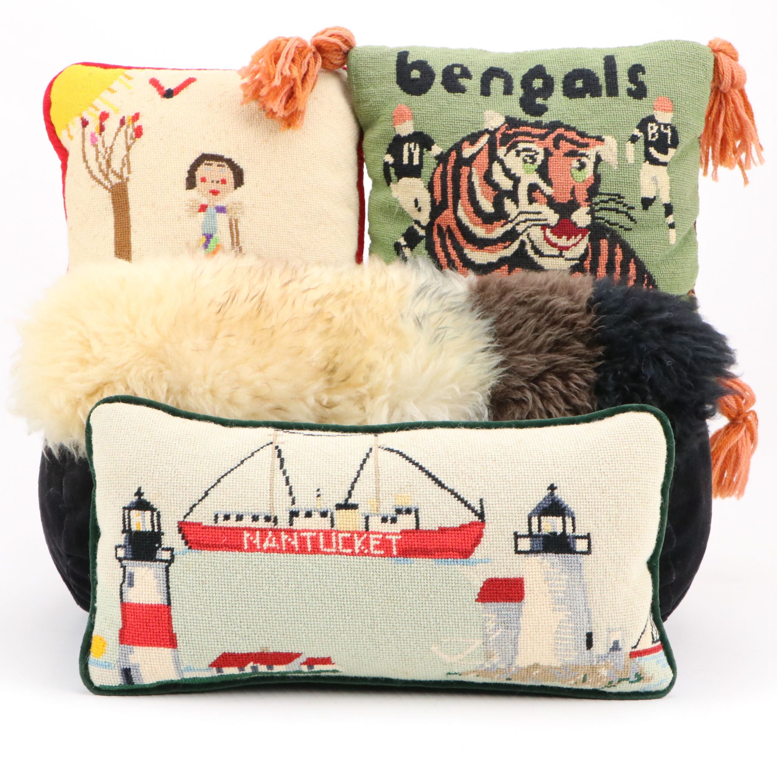Cincinnati Bengals Needlepoint Pillow with Shearling Neckroll and Other Pillows