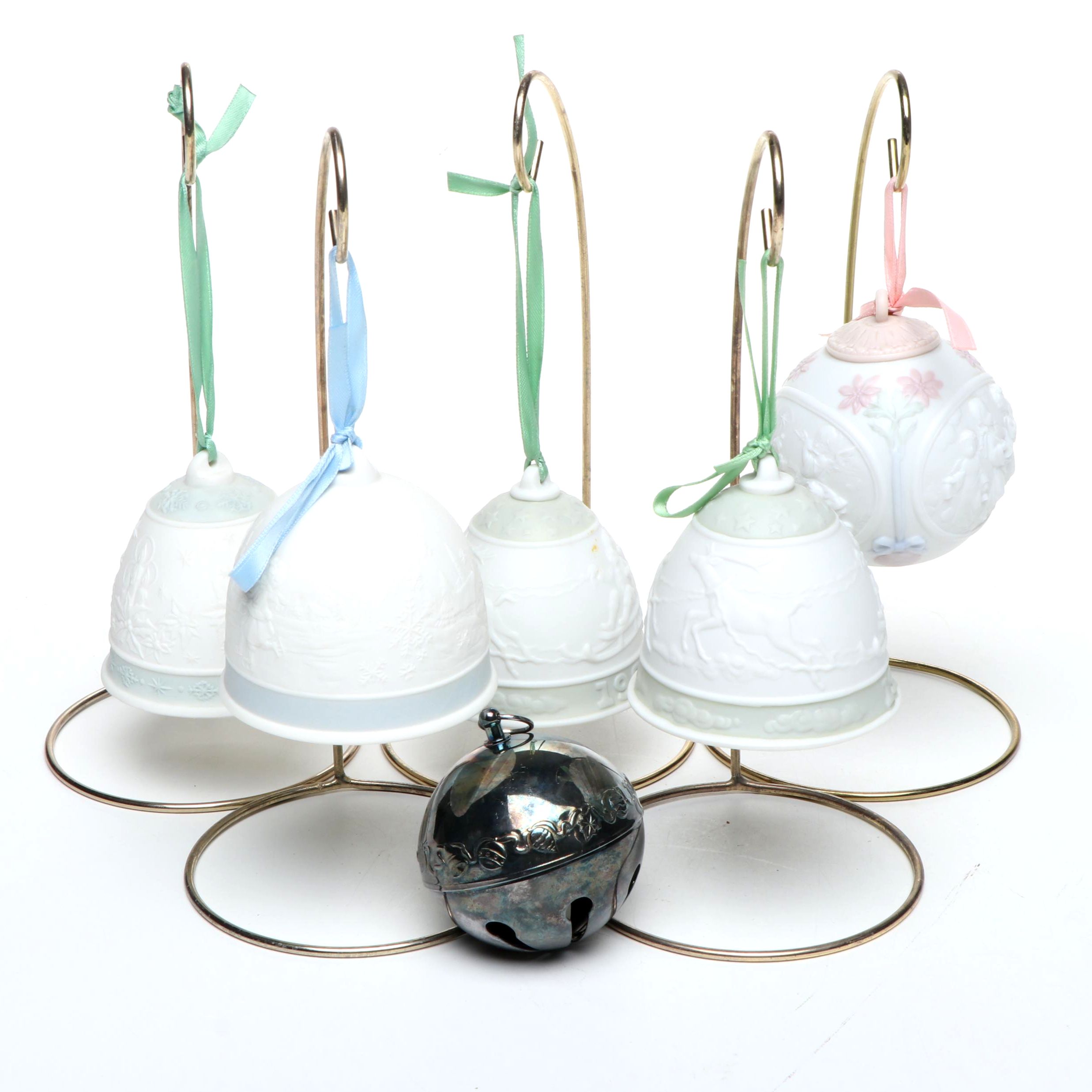 Lladró Porcelain Annual Christmas Bells with Wallace Silver Plate Bell