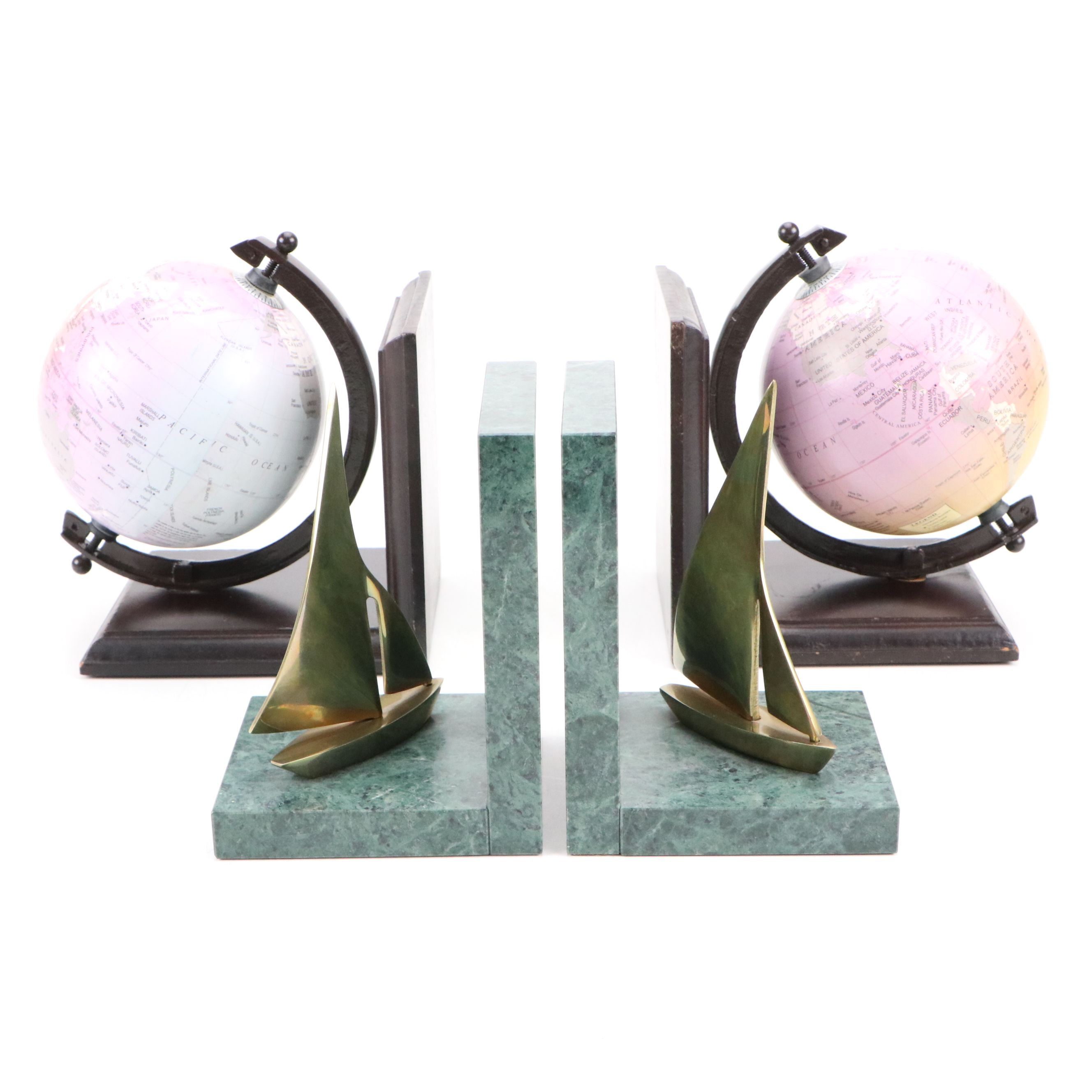 Green Marble and Brass Sailboat Bookends with Globe Bookends