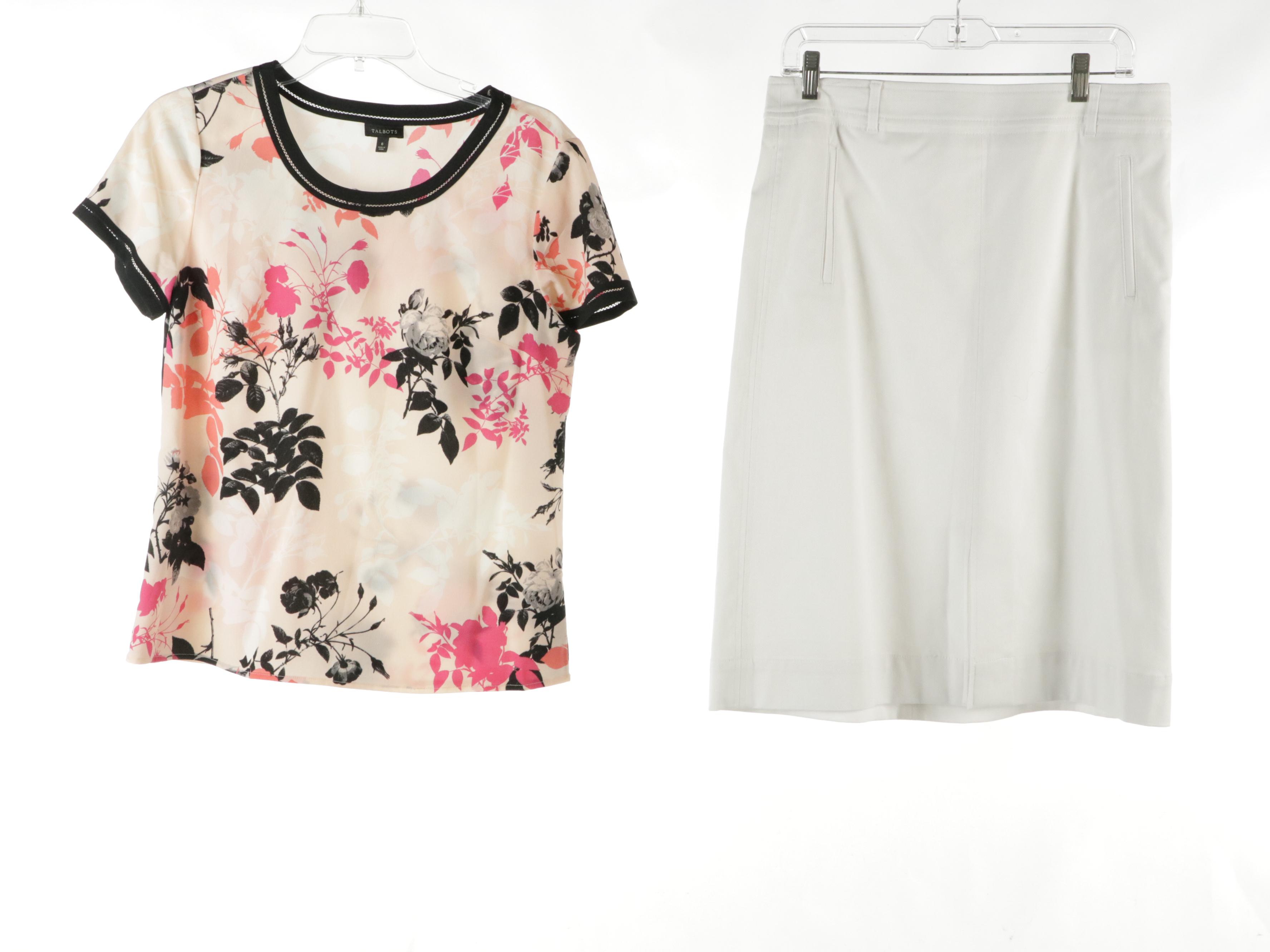 Talbots Floral Blouse, White Cotton Skirt and Coat, Ann Taylor Textured Blazer