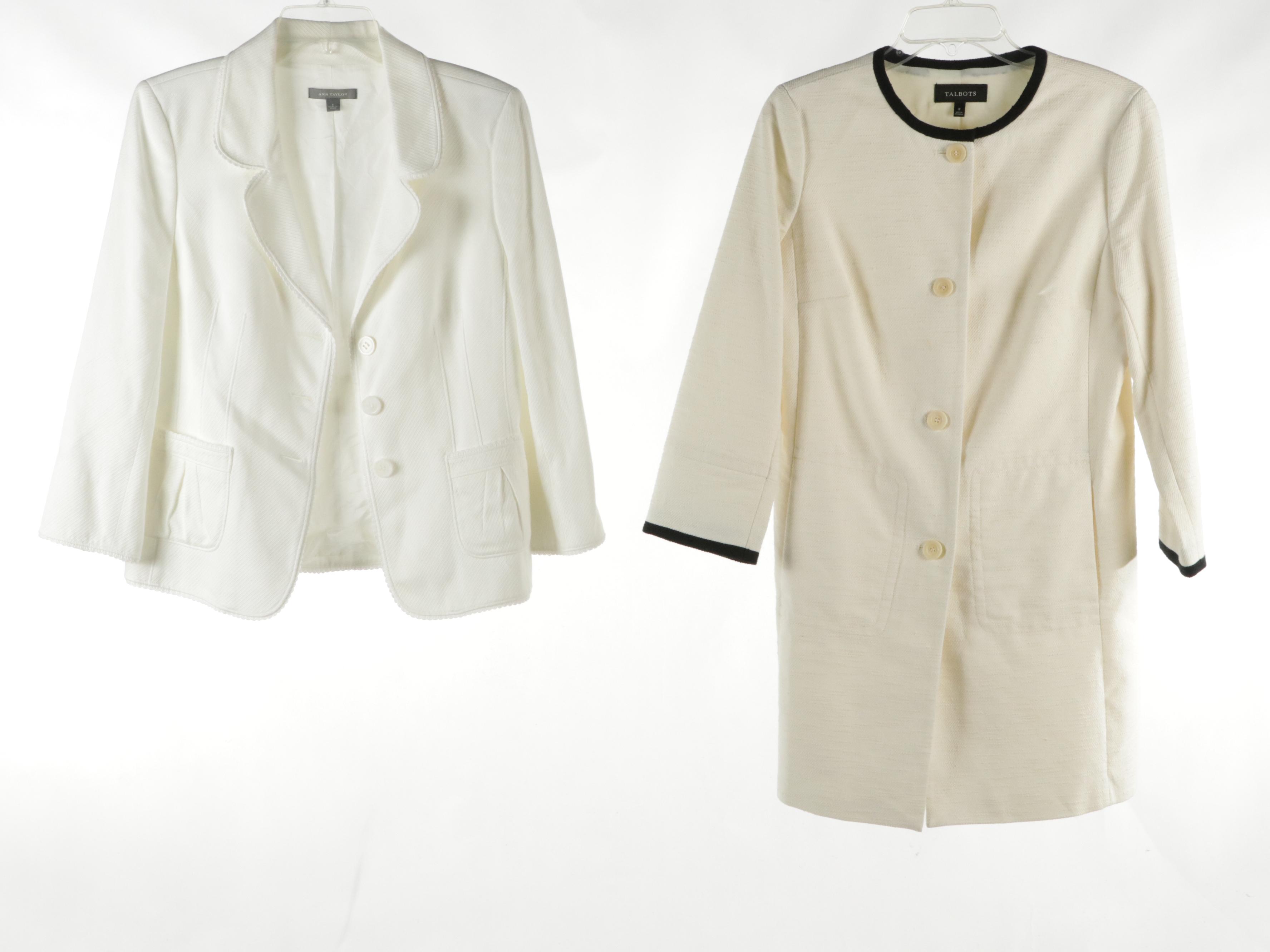 Talbots Floral Blouse, White Cotton Skirt and Coat, Ann Taylor Textured Blazer