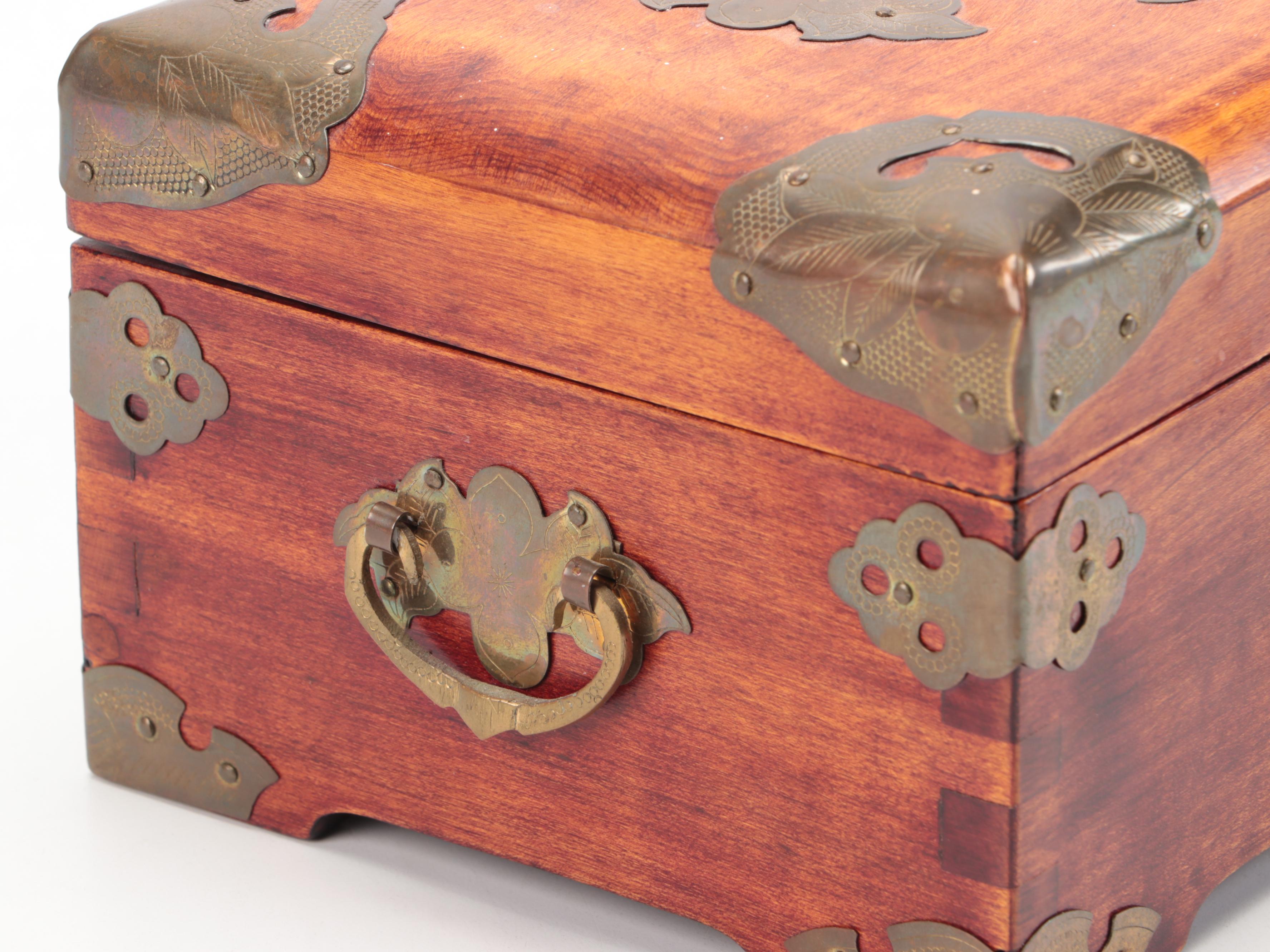 Chinese Inlaid Serpentine Wood Jewelry Box with Etched Brass Accents