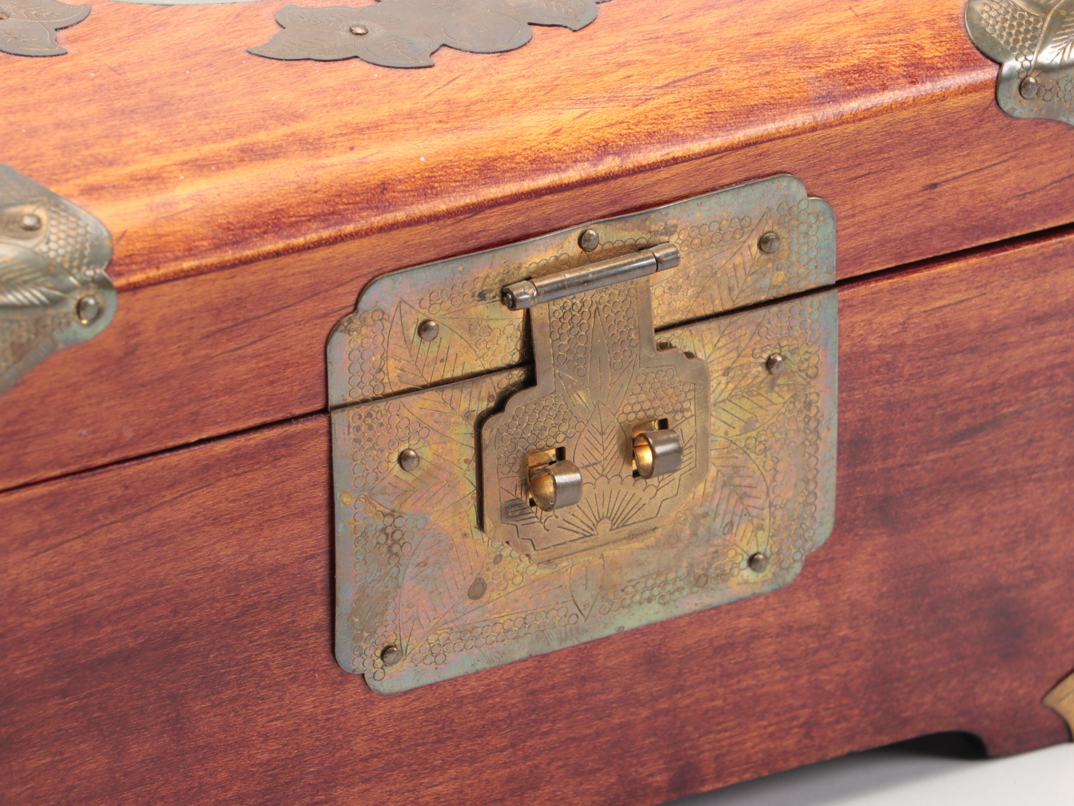 Chinese Inlaid Serpentine Wood Jewelry Box with Etched Brass Accents