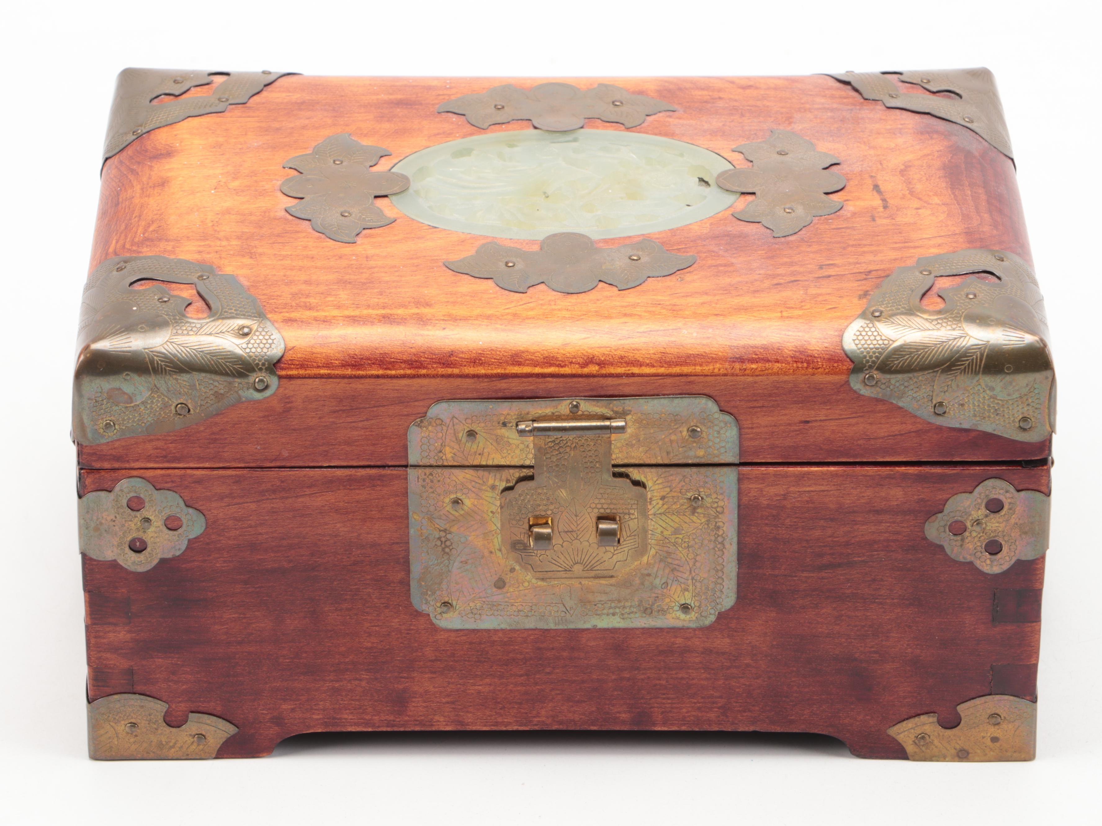 Chinese Inlaid Serpentine Wood Jewelry Box with Etched Brass Accents