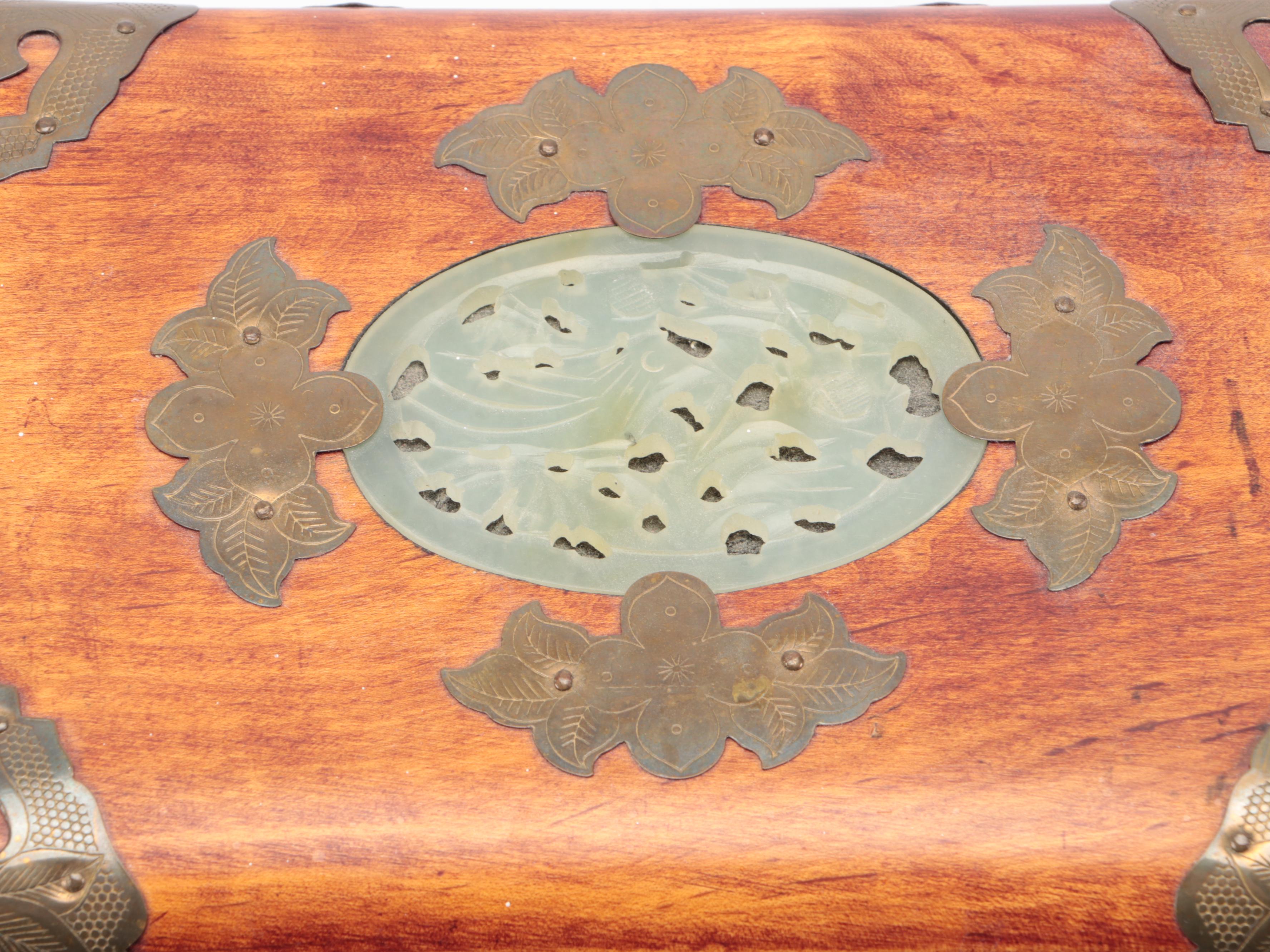 Chinese Inlaid Serpentine Wood Jewelry Box with Etched Brass Accents