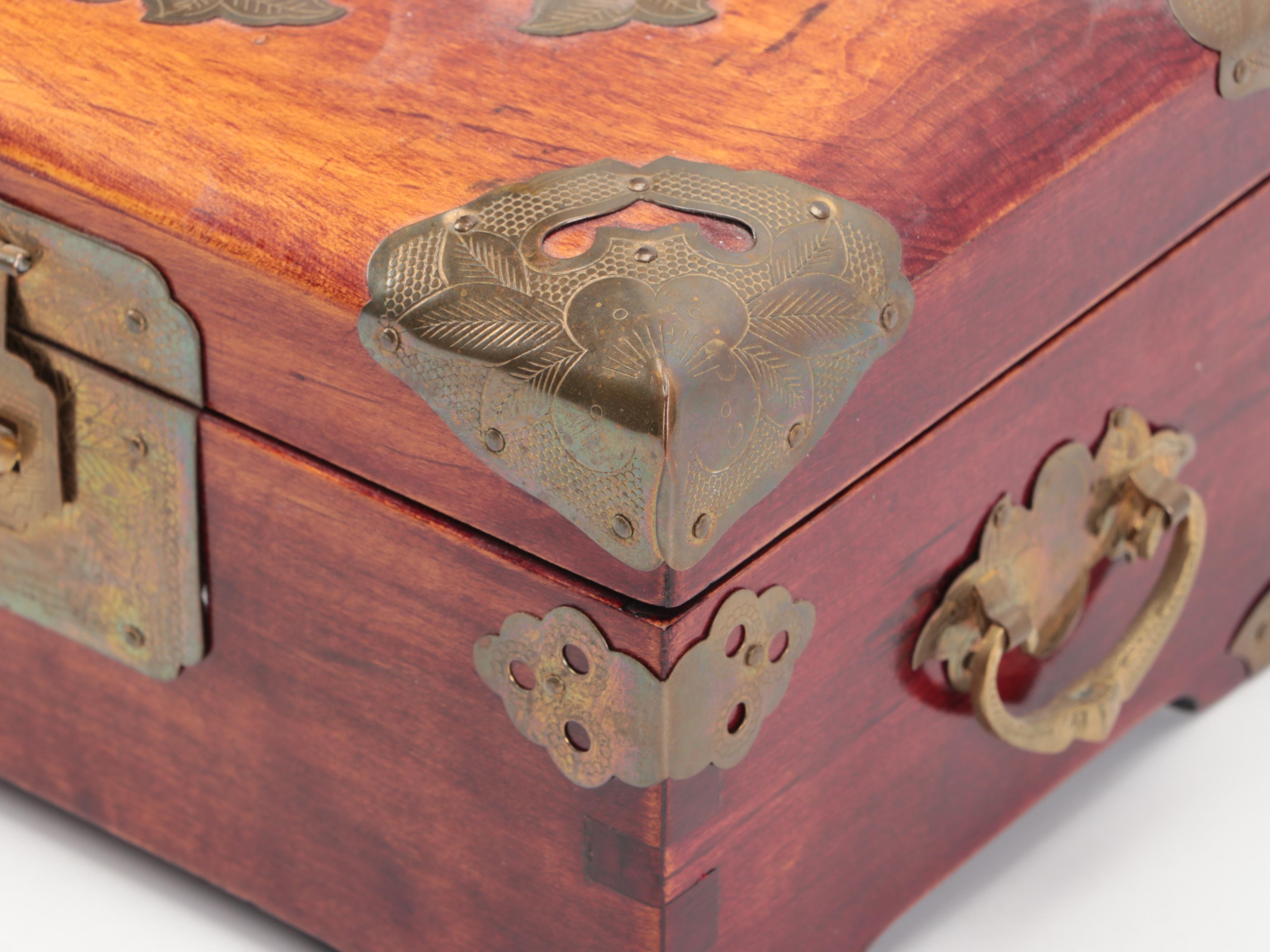 Chinese Inlaid Serpentine Wood Jewelry Box with Etched Brass Accents