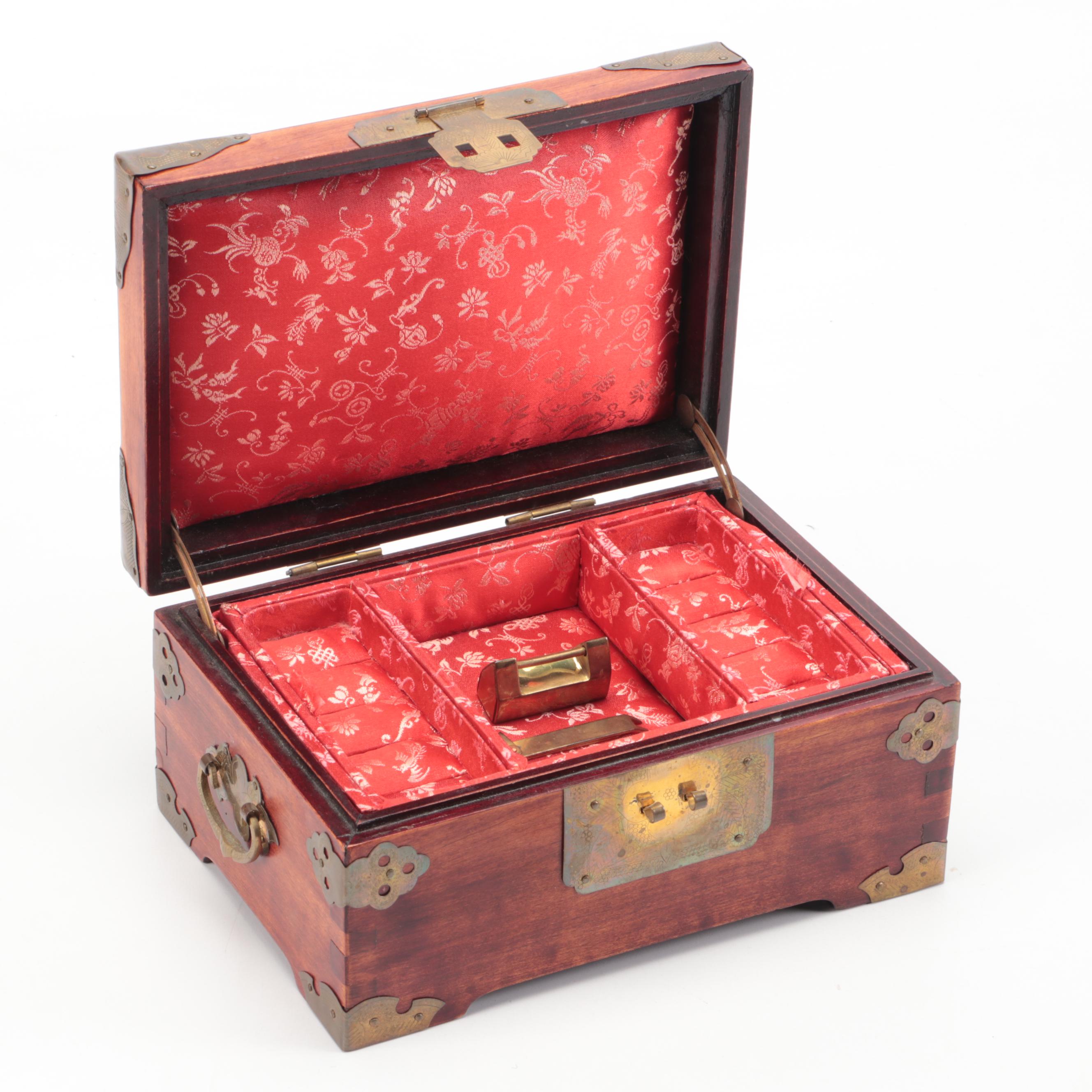 Chinese Inlaid Serpentine Wood Jewelry Box with Etched Brass Accents