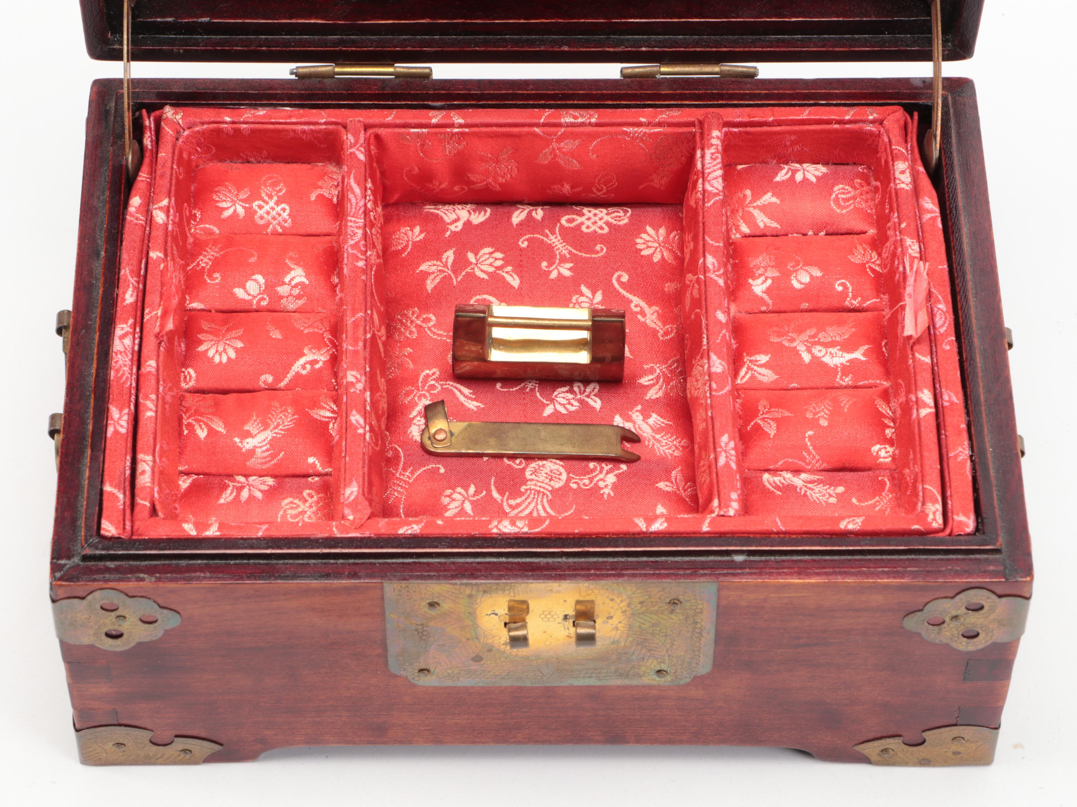 Chinese Inlaid Serpentine Wood Jewelry Box with Etched Brass Accents