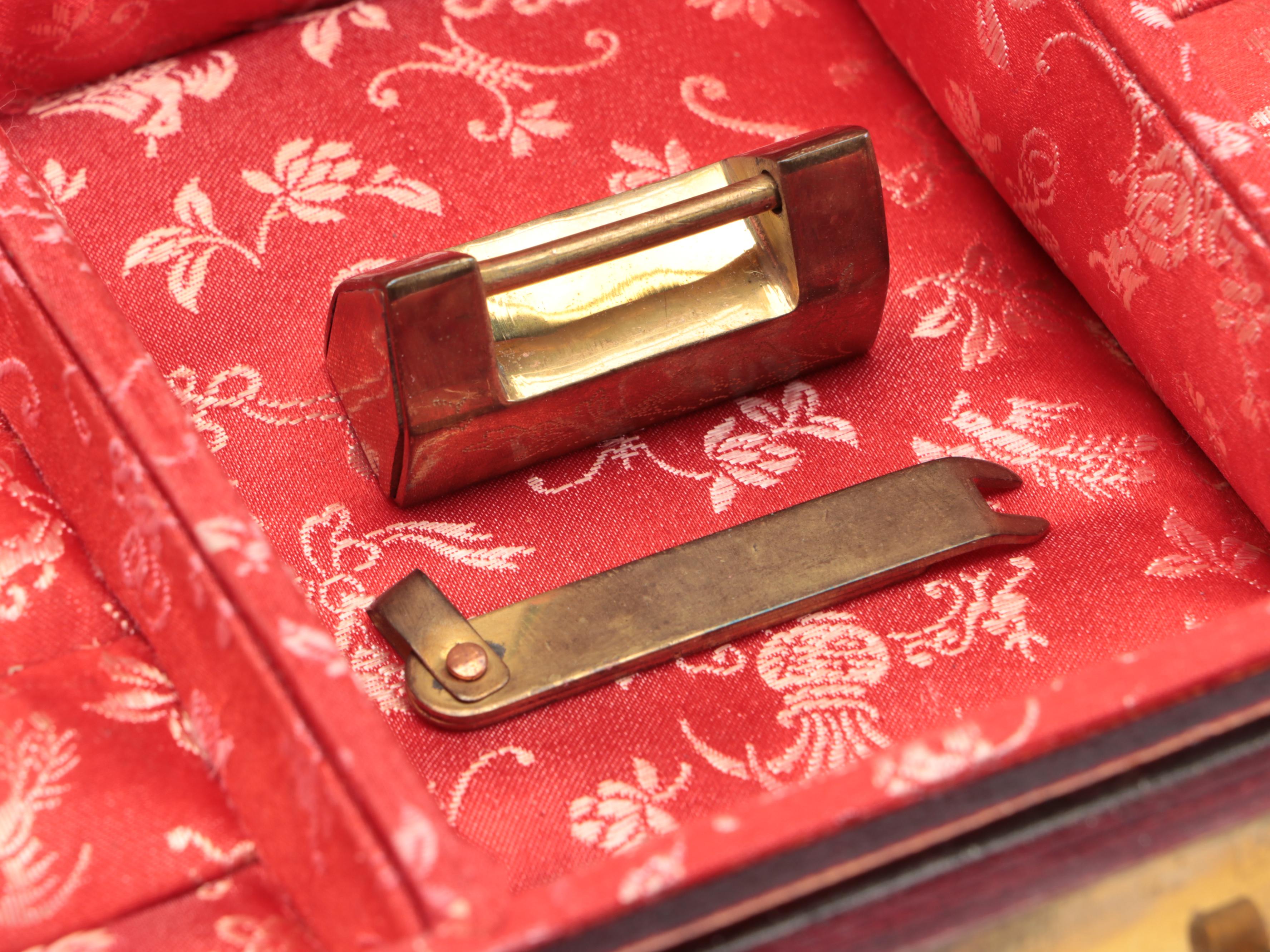 Chinese Inlaid Serpentine Wood Jewelry Box with Etched Brass Accents