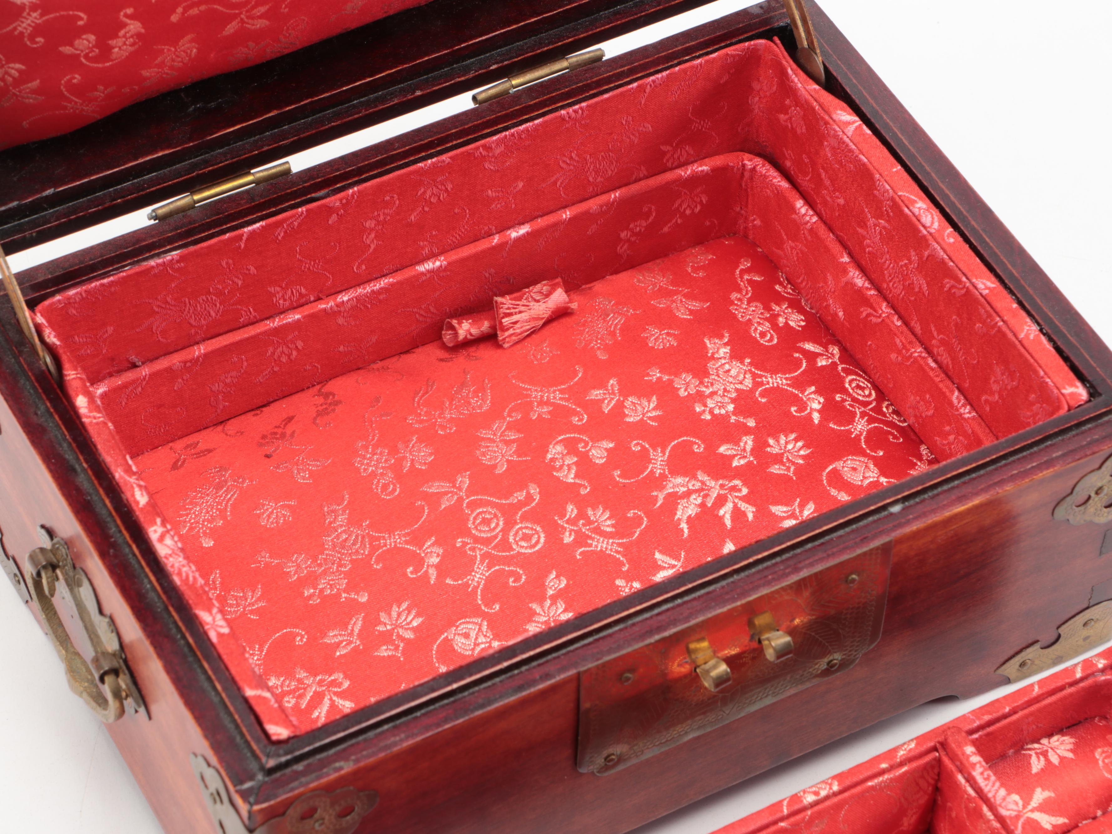 Chinese Inlaid Serpentine Wood Jewelry Box with Etched Brass Accents