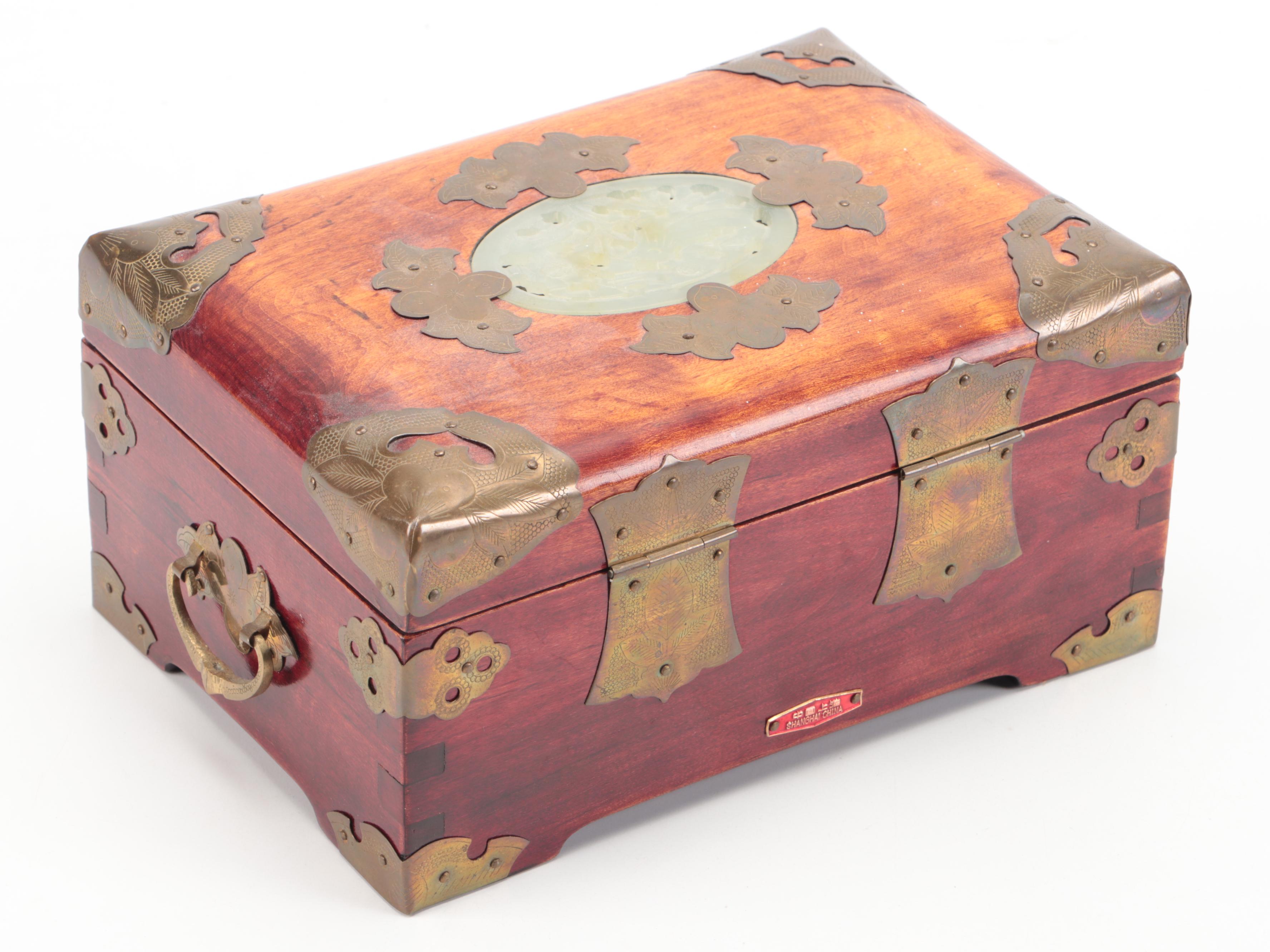 Chinese Inlaid Serpentine Wood Jewelry Box with Etched Brass Accents