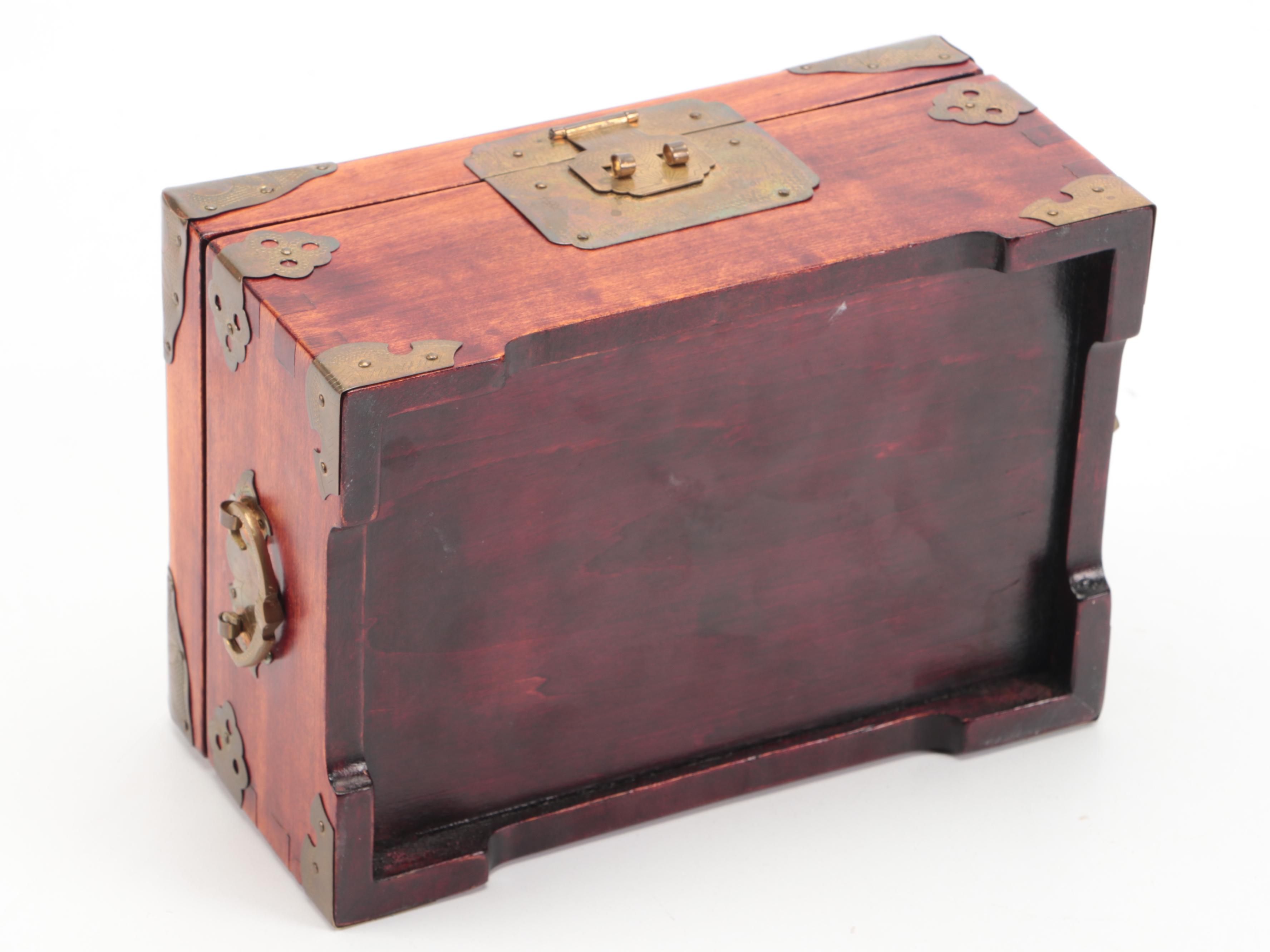 Chinese Inlaid Serpentine Wood Jewelry Box with Etched Brass Accents