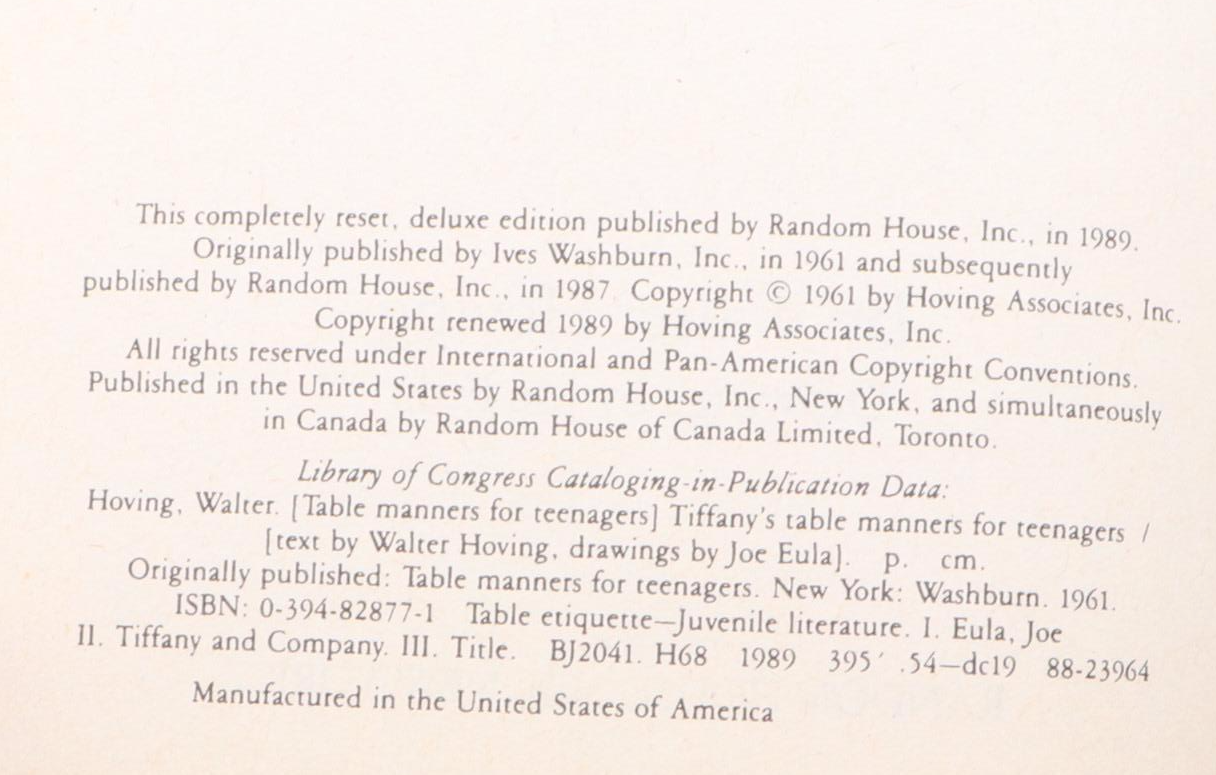 Illustrated "Tiffany's Table Manners for Teenagers" by Walter Hoving, 1989