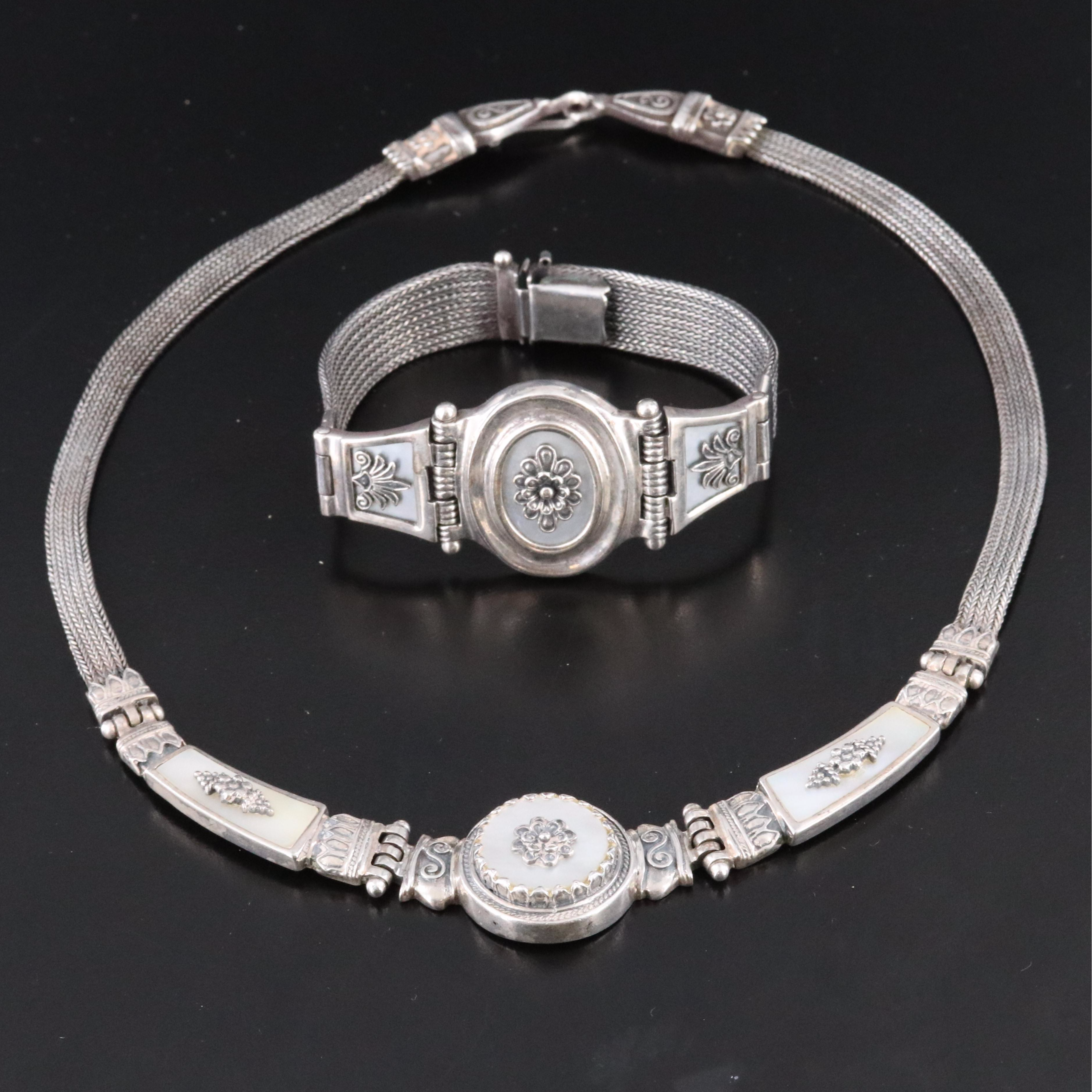 Turkish Sterling Mother-of-Pearl Floral Necklace and Bracelet Set