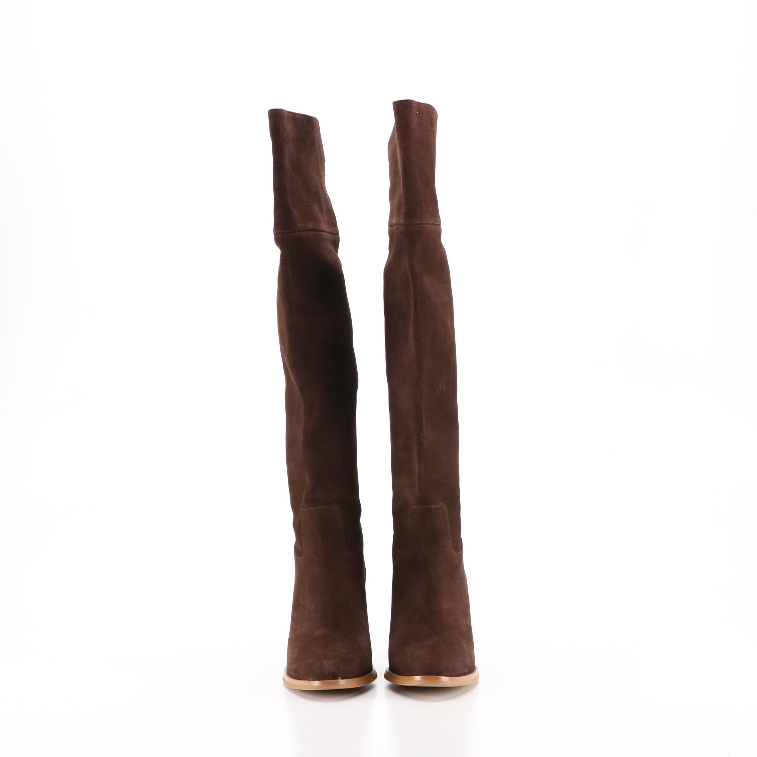 Michael Kors Regina Knee-High Heeled Boots in Dark Brown Suede Leather