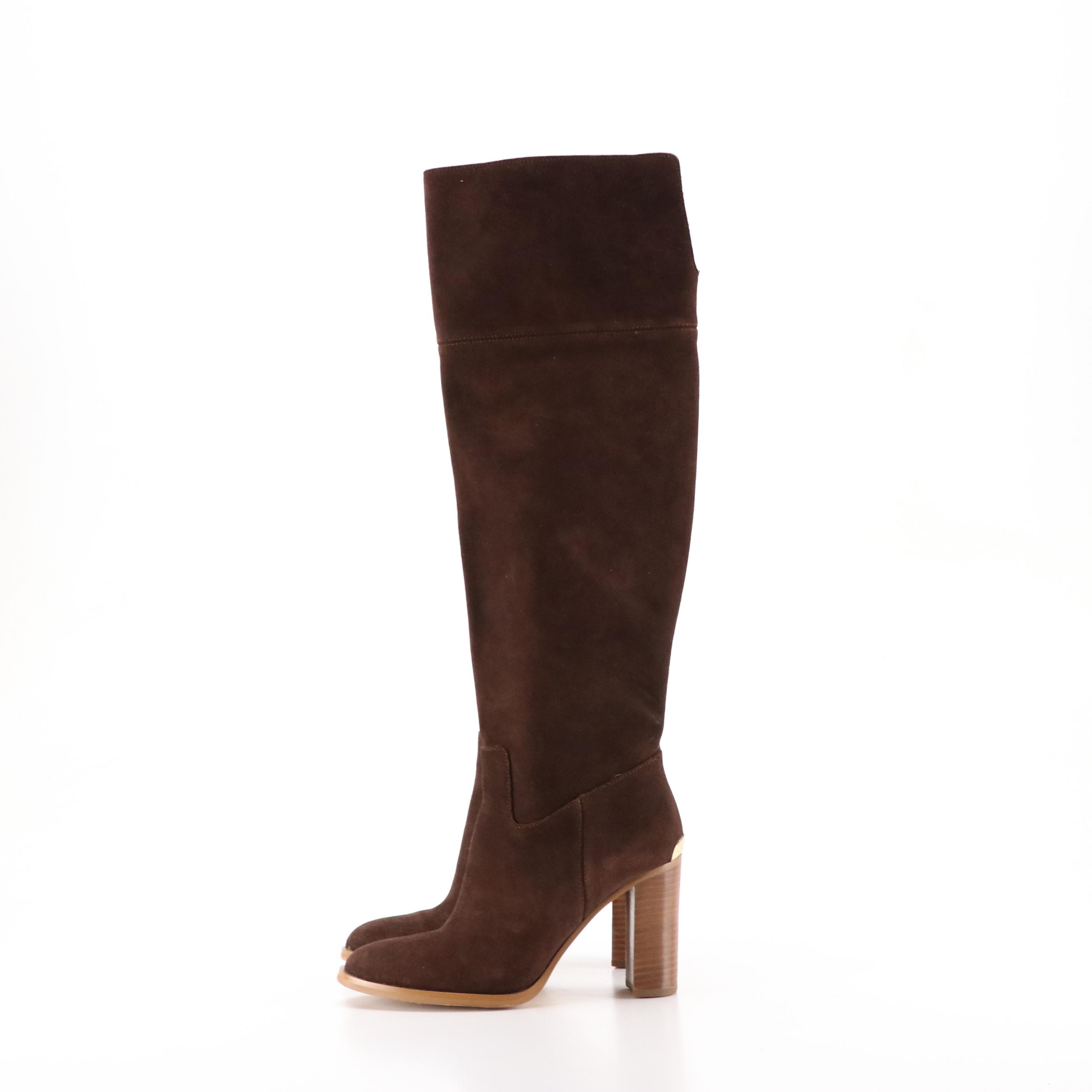 Michael Kors Regina Knee-High Heeled Boots in Dark Brown Suede Leather