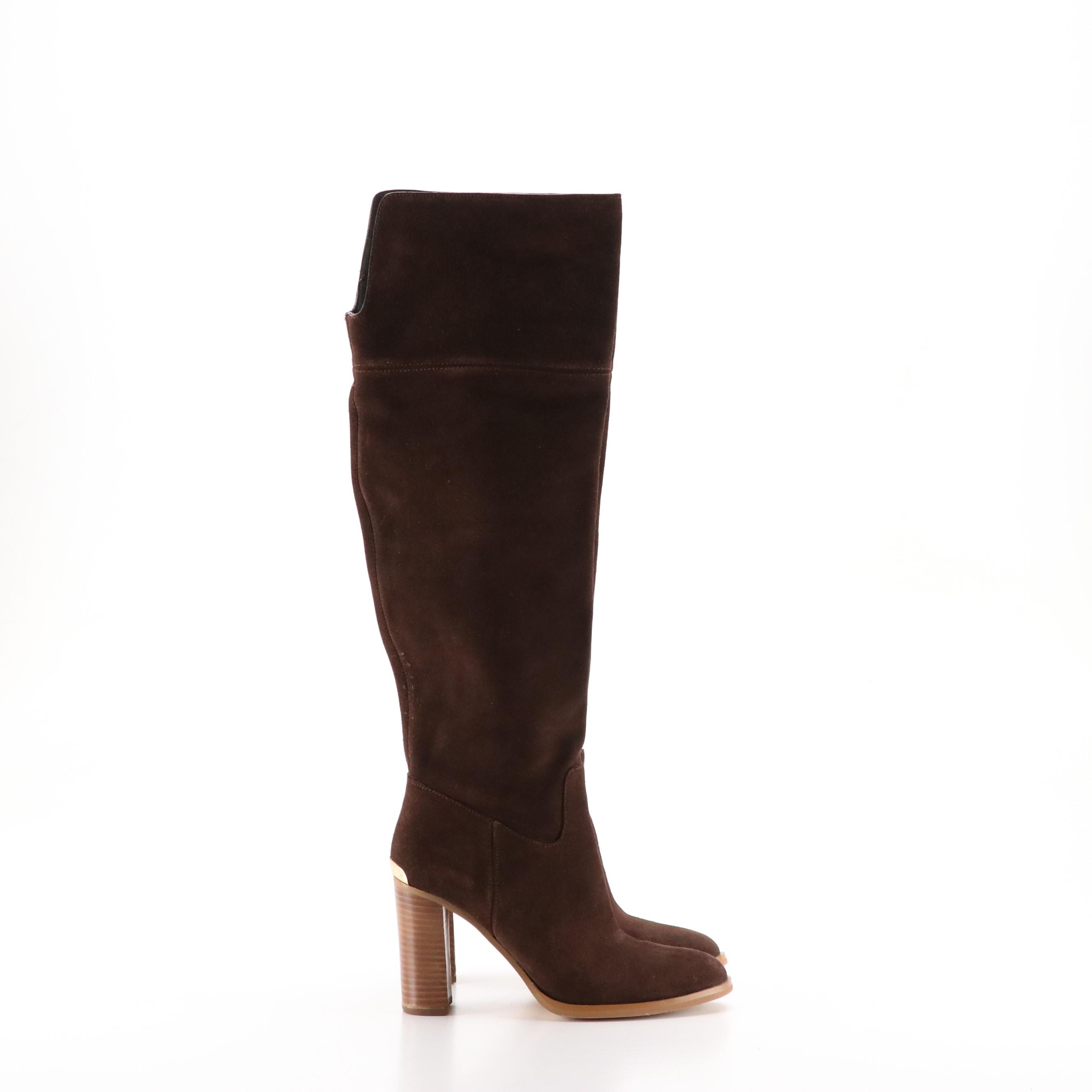Michael Kors Regina Knee-High Heeled Boots in Dark Brown Suede Leather
