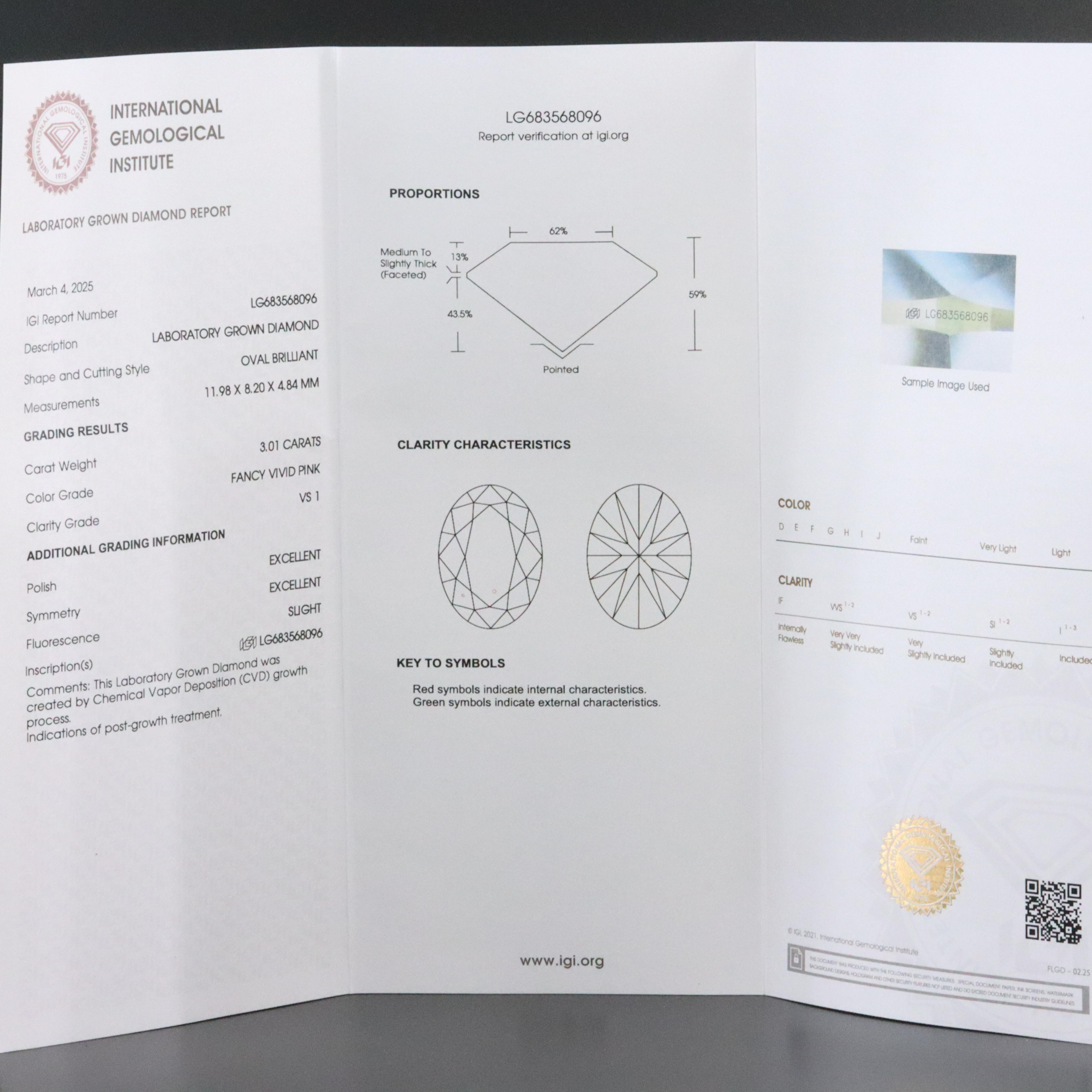 Platinum 3.91 CTW Lab Grown Diamond Ring with Fancy Pink Center and IGI Report